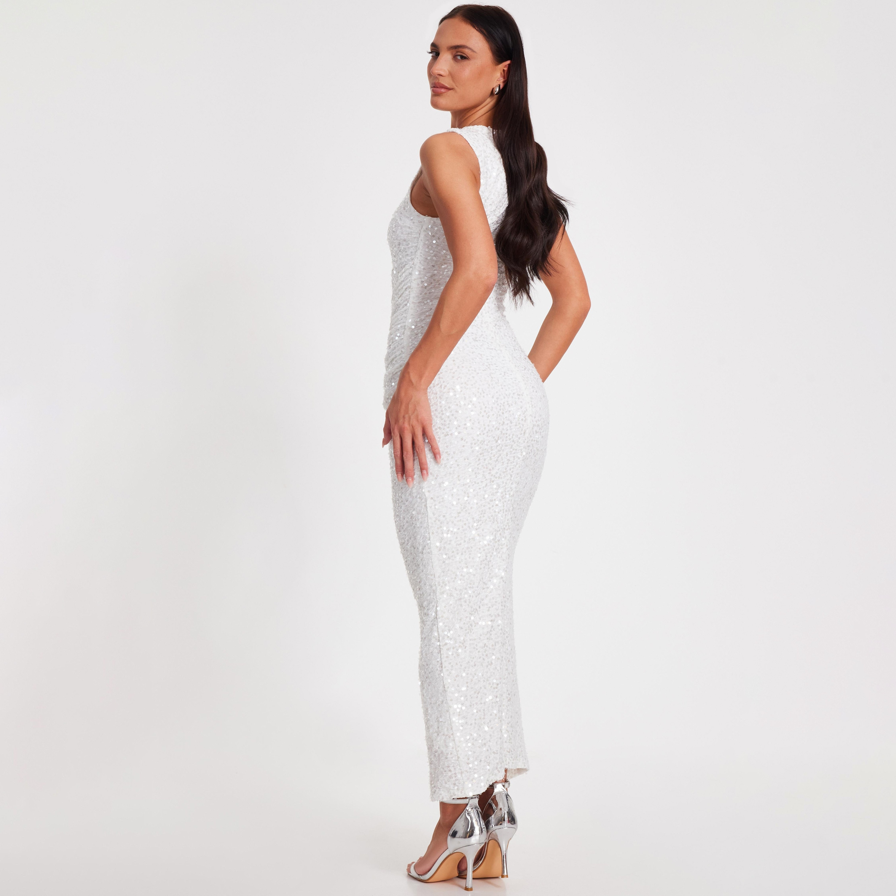 Quiz Sequined Shoulder Knot Sequin Bodycon White Women's Evening Maxi Dress-women-clothing-dresses-image-3