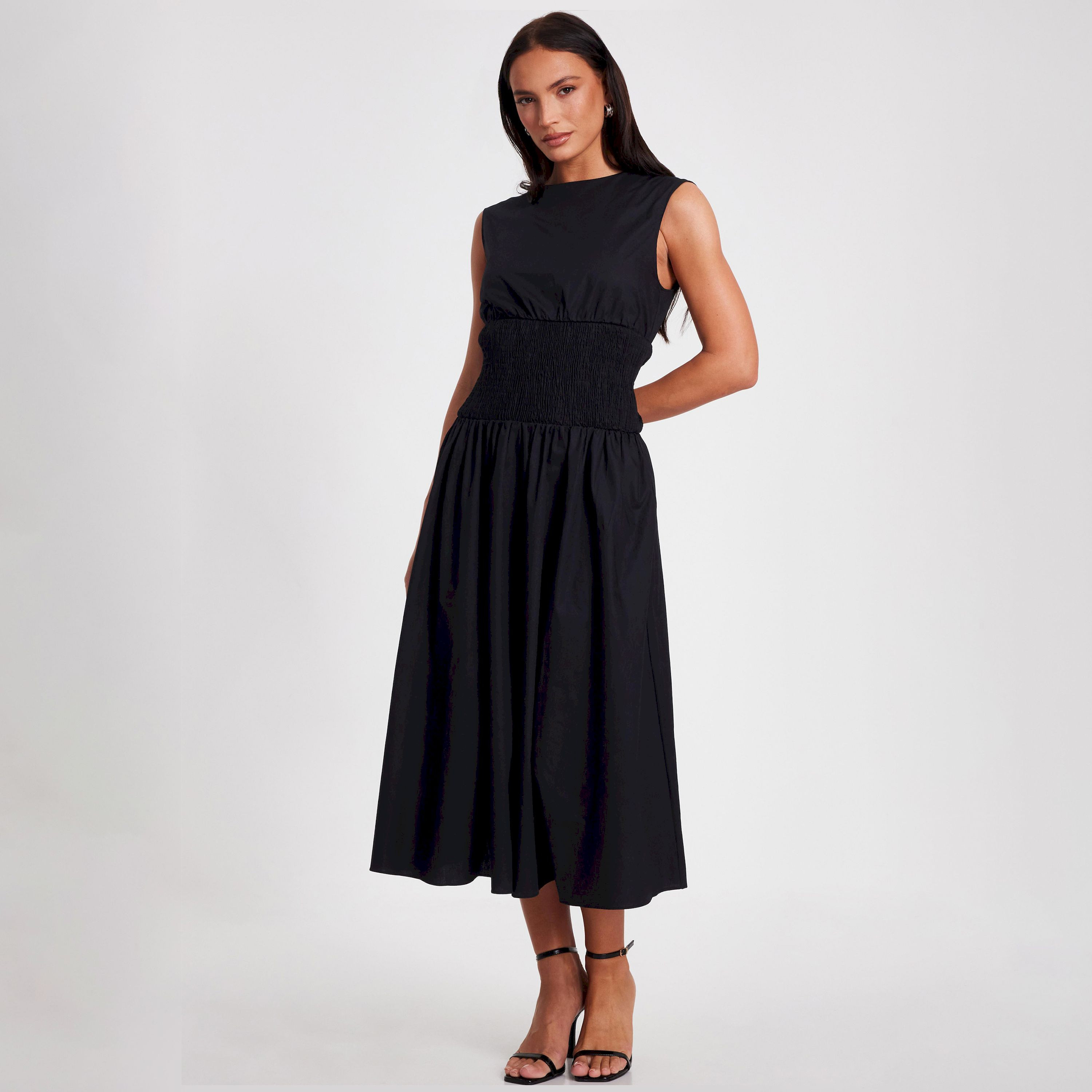 Quiz Black Poplin Sheered Waist Women's Evening Wear Midaxi Dress-women-clothing-dresses-image-2