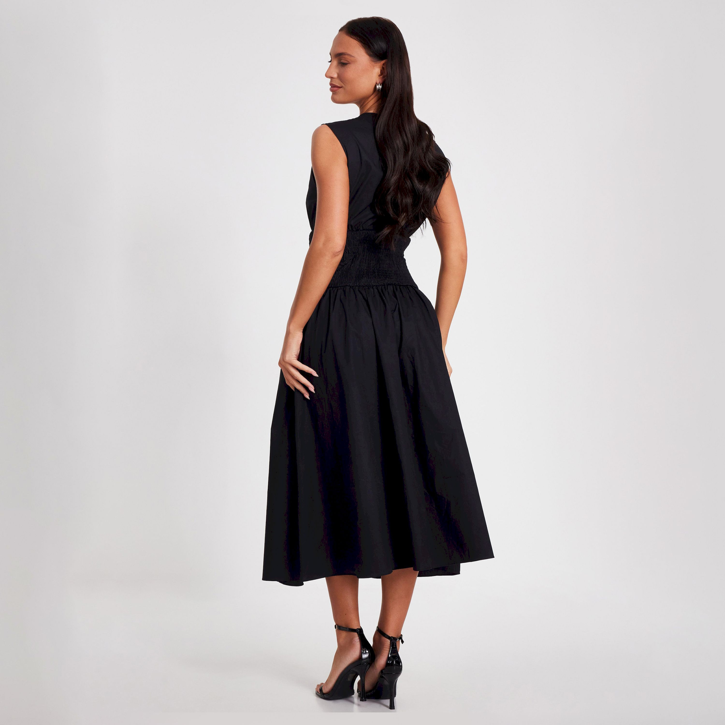 Quiz Black Poplin Sheered Waist Women's Evening Wear Midaxi Dress-women-clothing-dresses-image-3