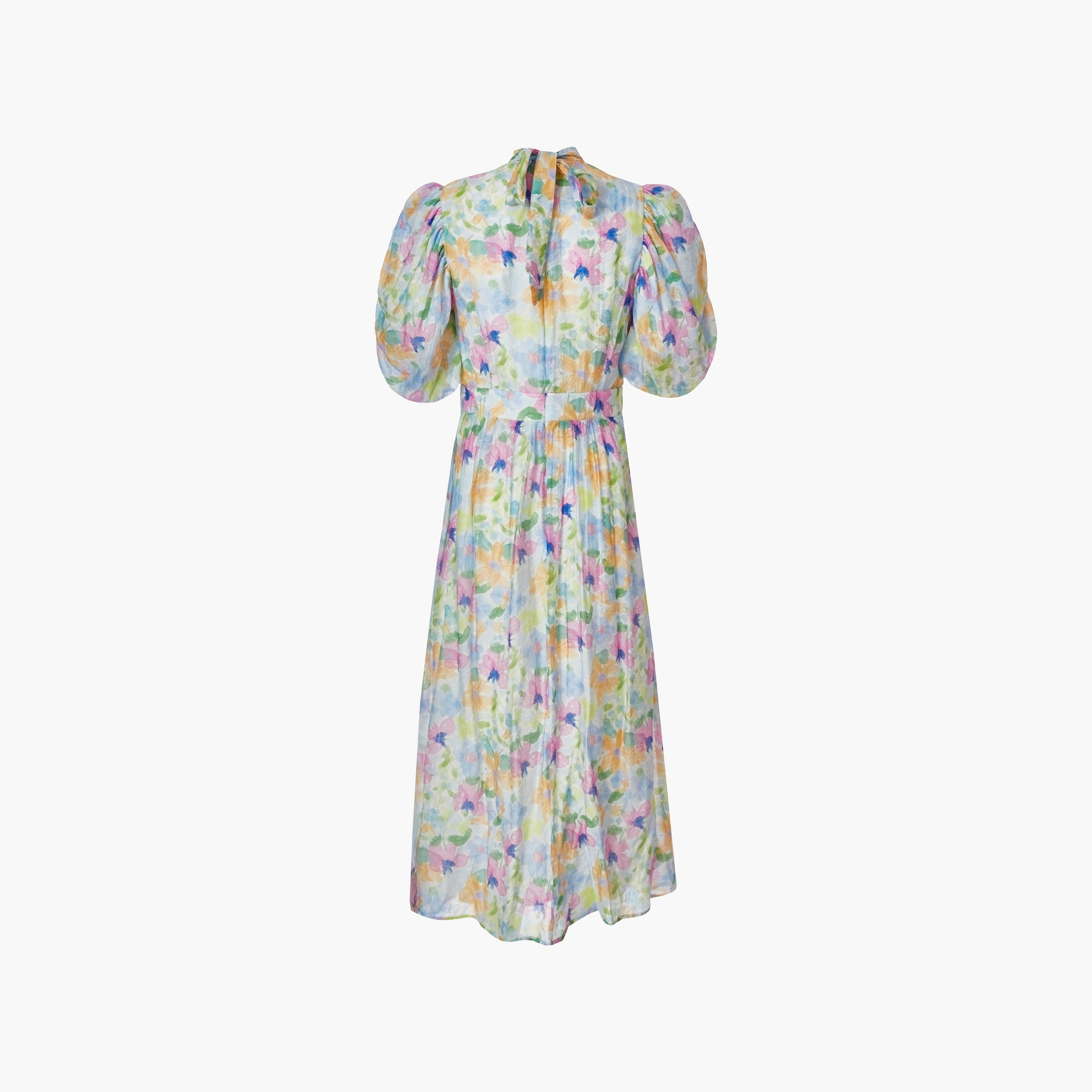 فستان ماكسي نسائي متعدد الألوان بطبعة زهور من الشيفون بأكمام منتفخة وخصر مشدود من كويز-women-clothing-dresses-image-2