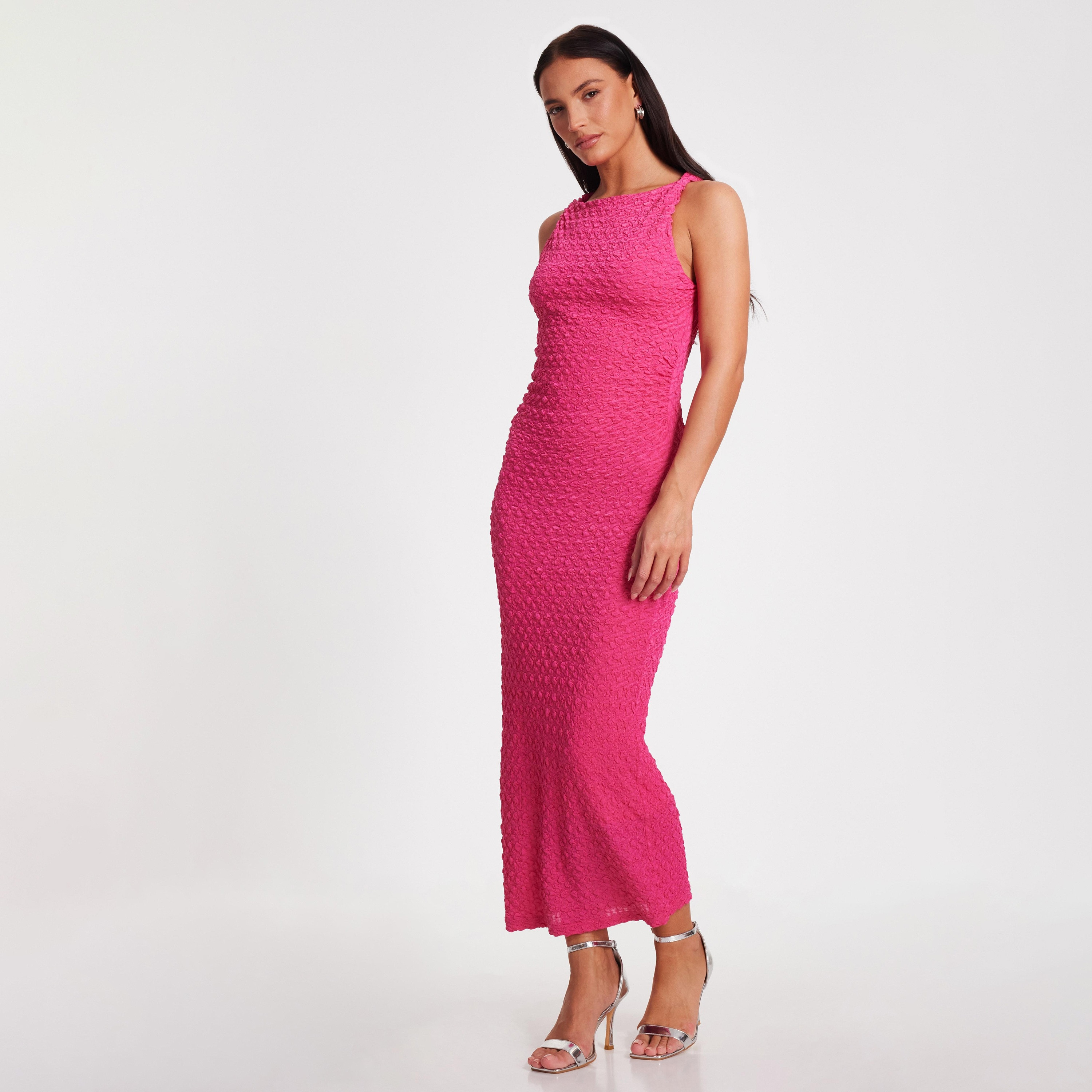 فستان ماكسي نسائي ضيق من قماش الجيرسي المحكم باللون الوردي من كويز-women-clothing-dresses-image-2
