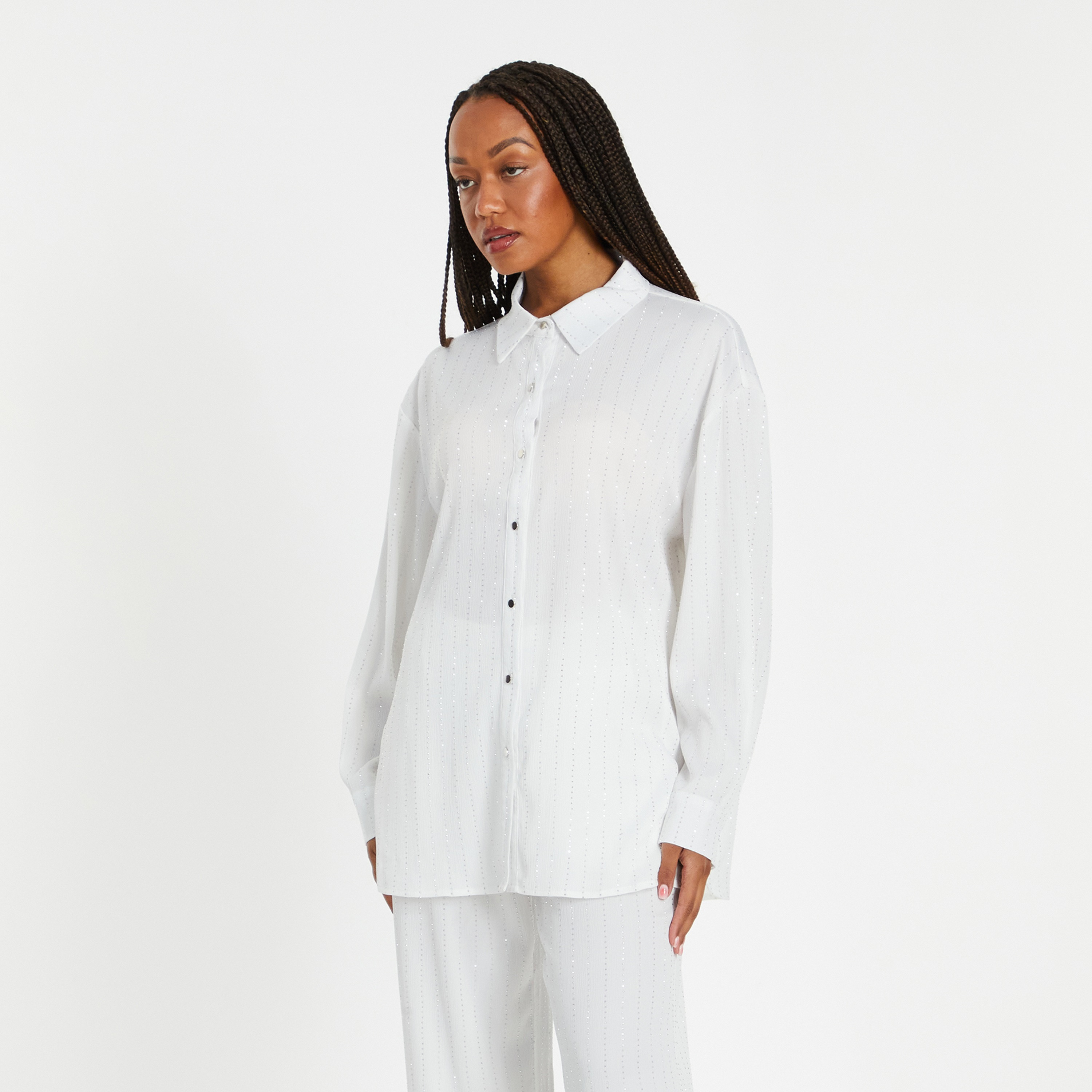 Quiz White Hotfix Rhinestones and Crinkled Satin Straight Point Collar Womens Shirt-women-clothing-shirtsandblouses-shirts-image-3