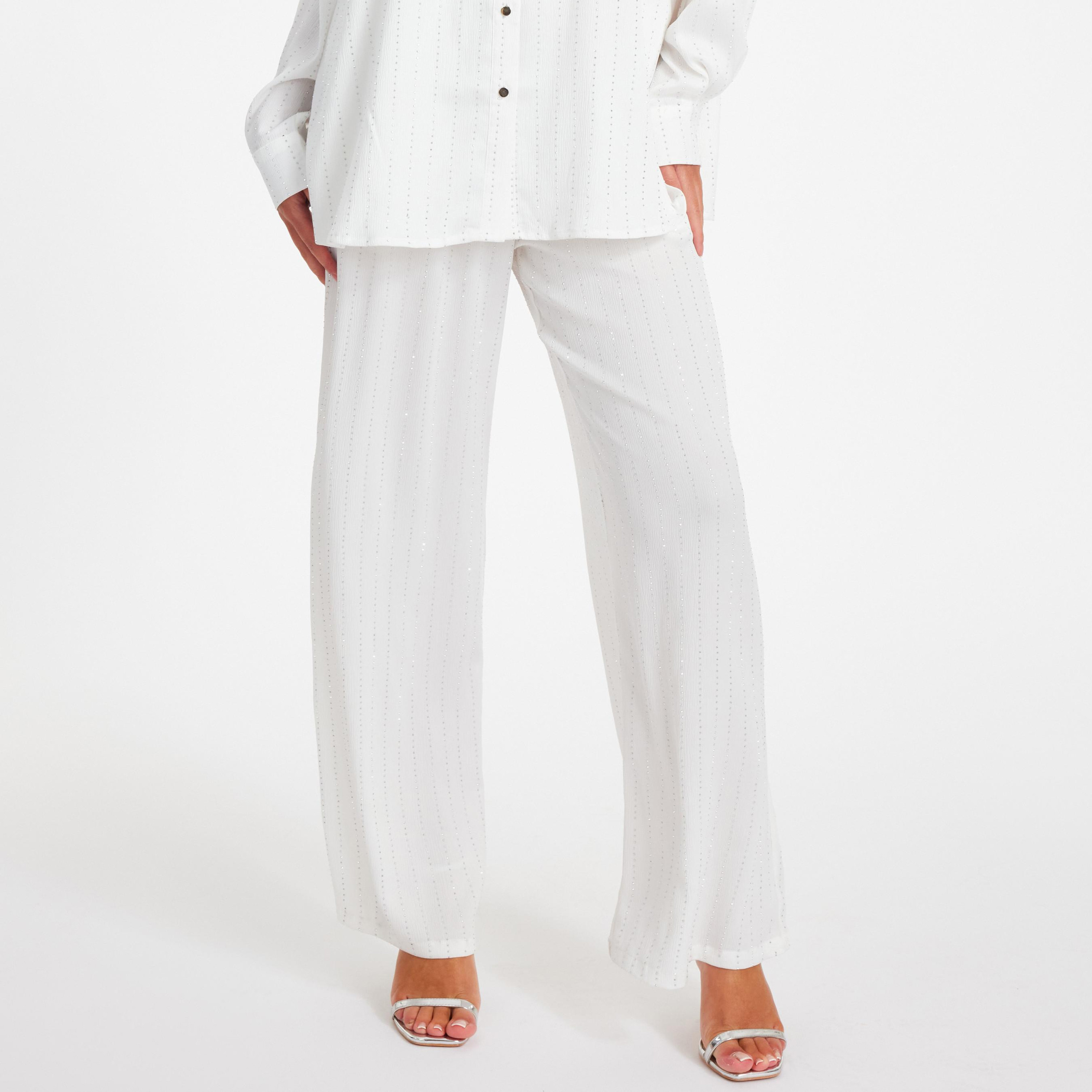 بنطلون نسائي أبيض من الساتان بساق واسعة من كويز-women-clothing-bottoms-trousers-image-1