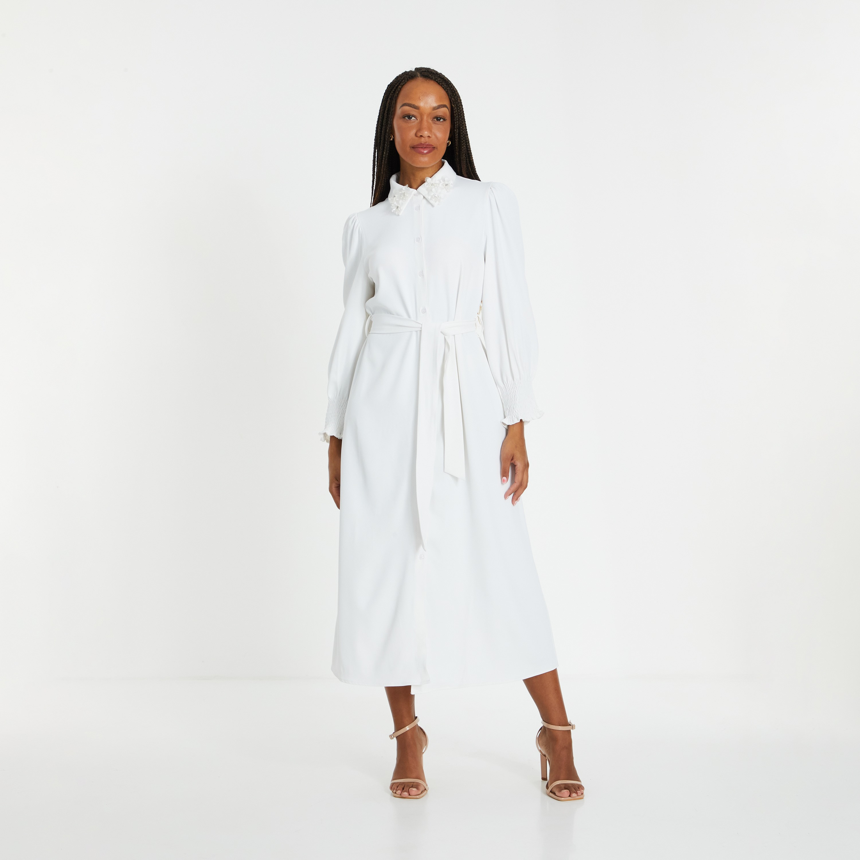 Quiz Bishop Sleeves White Shirt Women's Midi Dress-women-clothing-dresses-image-1