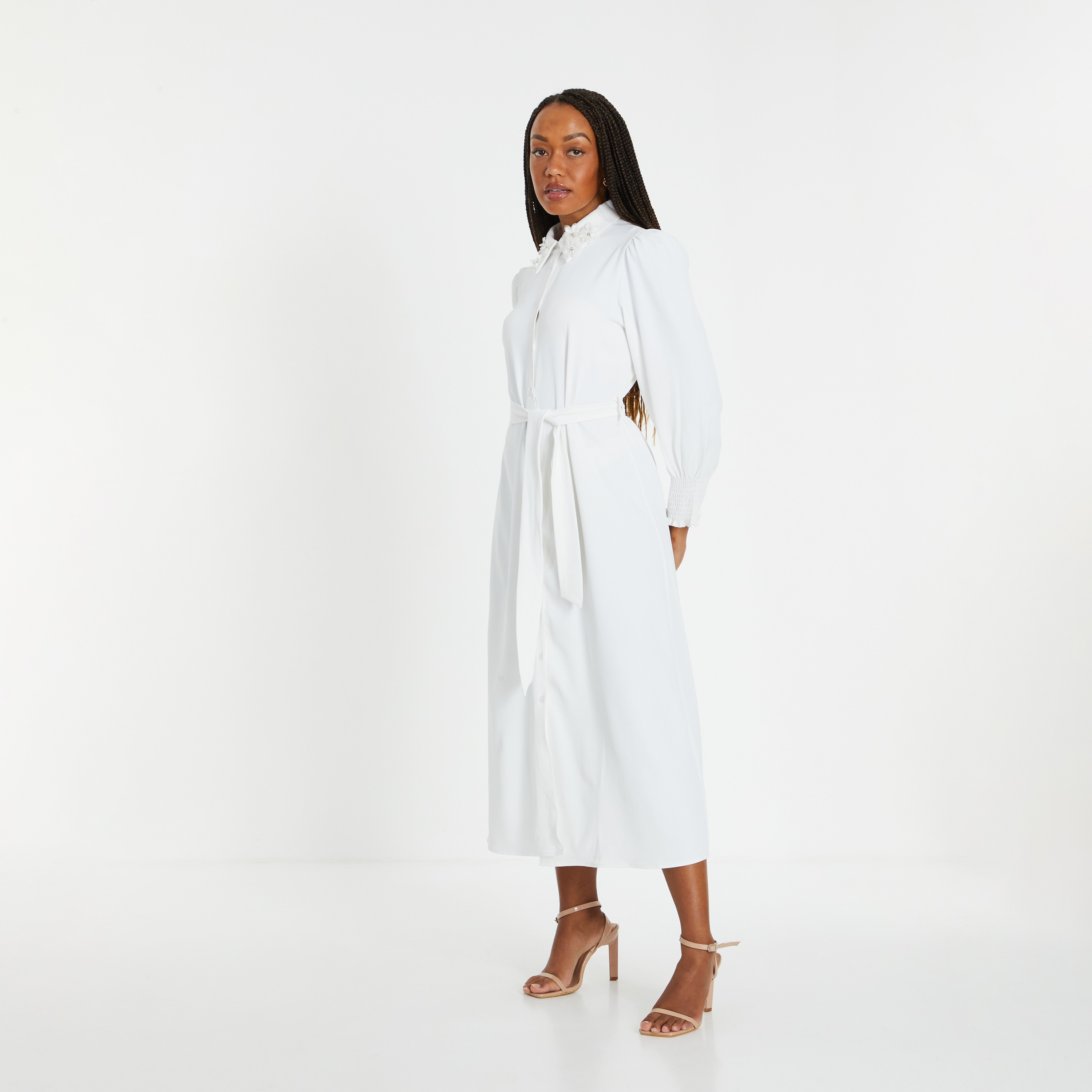 Quiz Bishop Sleeves White Shirt Women's Midi Dress-women-clothing-dresses-image-2
