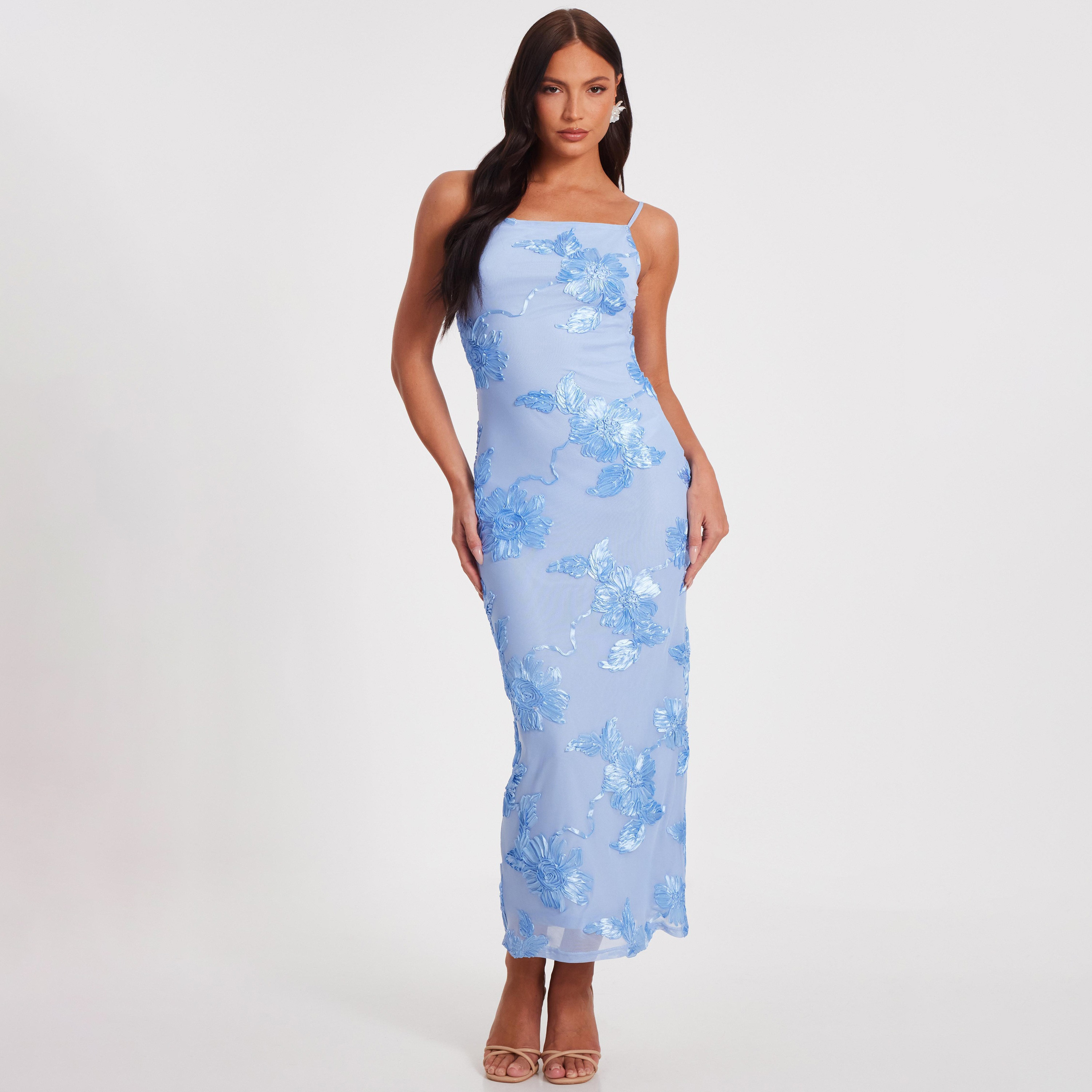 فستان ماكسي أزرق ضيق بأشرطة كتف شبكية للنساء من كويز-women-clothing-dresses-image-1
