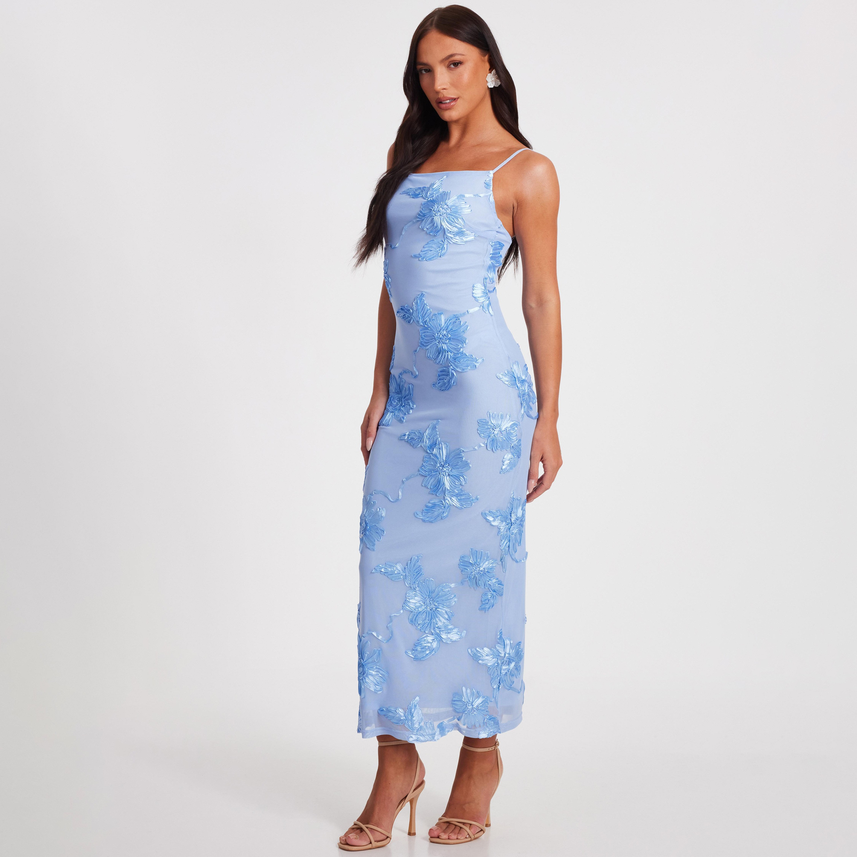 فستان ماكسي أزرق ضيق بأشرطة كتف شبكية للنساء من كويز-women-clothing-dresses-image-2