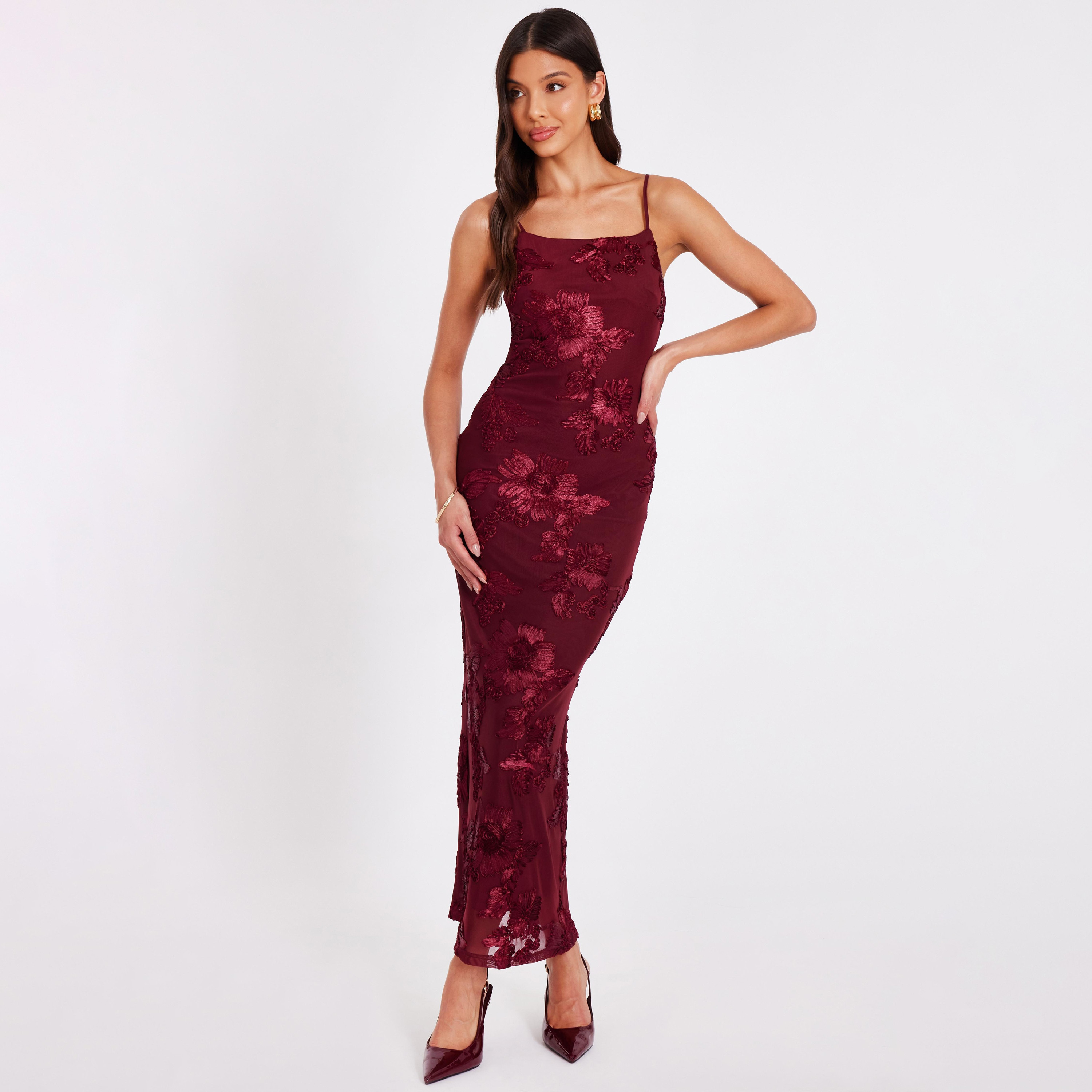 Quiz Floral Mesh Strappy Sheath Wine Women's Evening Maxi Dress-women-clothing-dresses-image-1