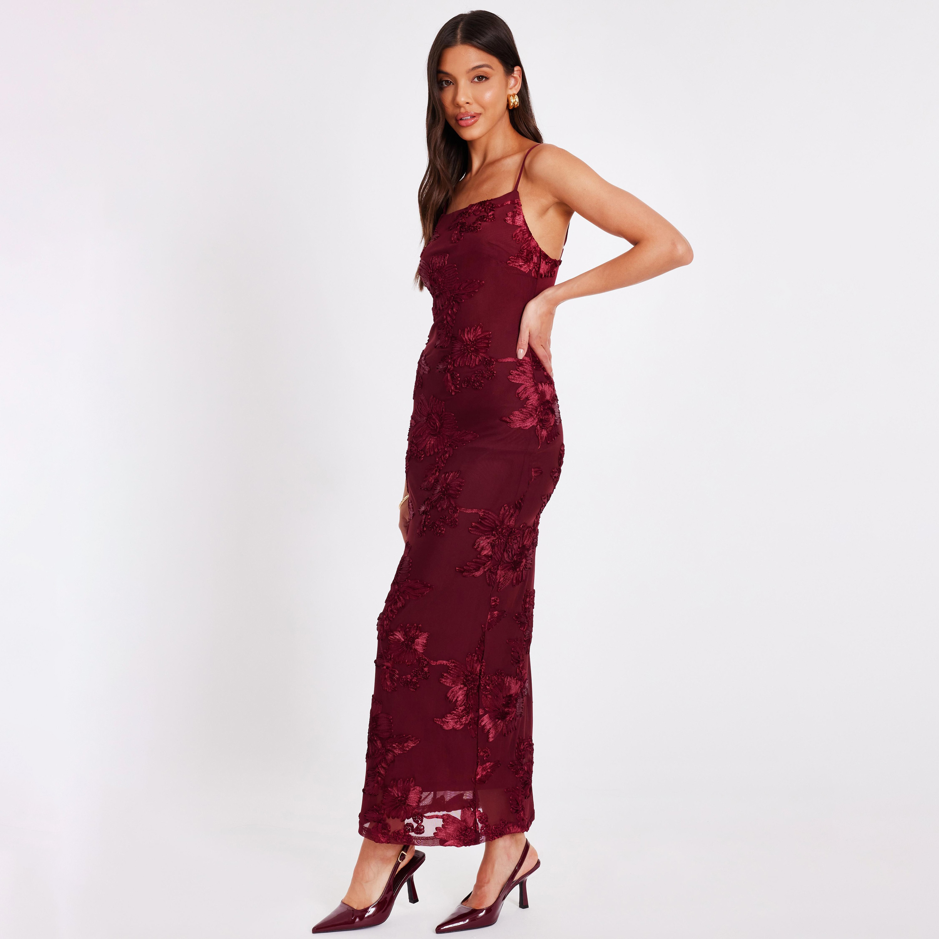 Quiz Floral Mesh Strappy Sheath Wine Women's Evening Maxi Dress-women-clothing-dresses-image-2