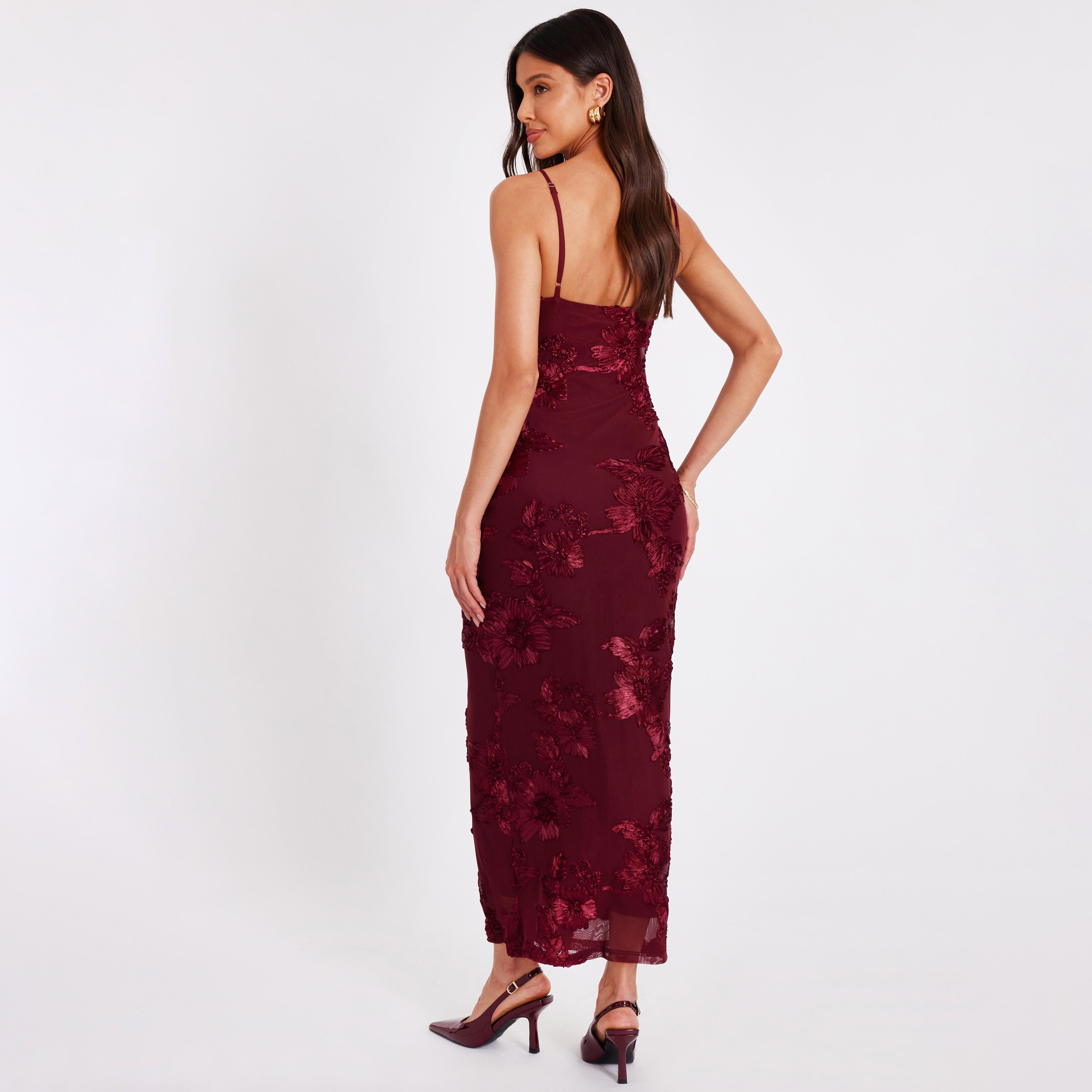 Quiz Floral Mesh Strappy Sheath Wine Women's Evening Maxi Dress-women-clothing-dresses-image-3