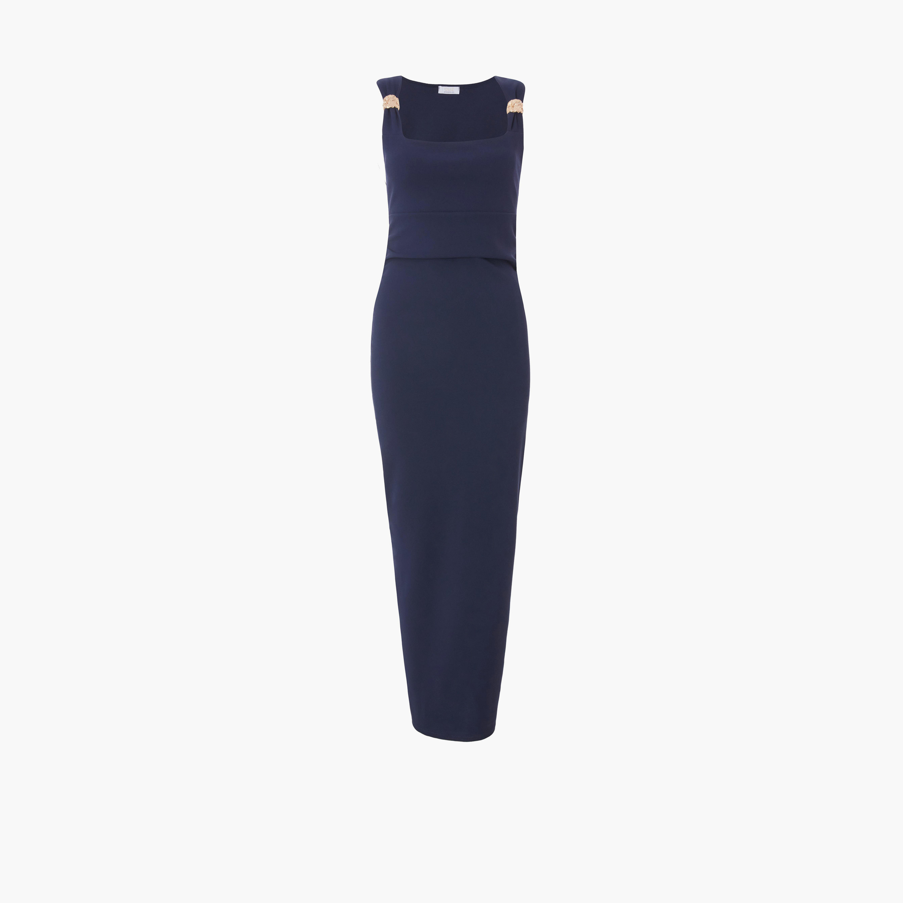 كويز-  فستان بطول متوسط (ميداكسي) من قماش الكريب البحري مع مشبك ذهبي-women-clothing-dresses-image-4