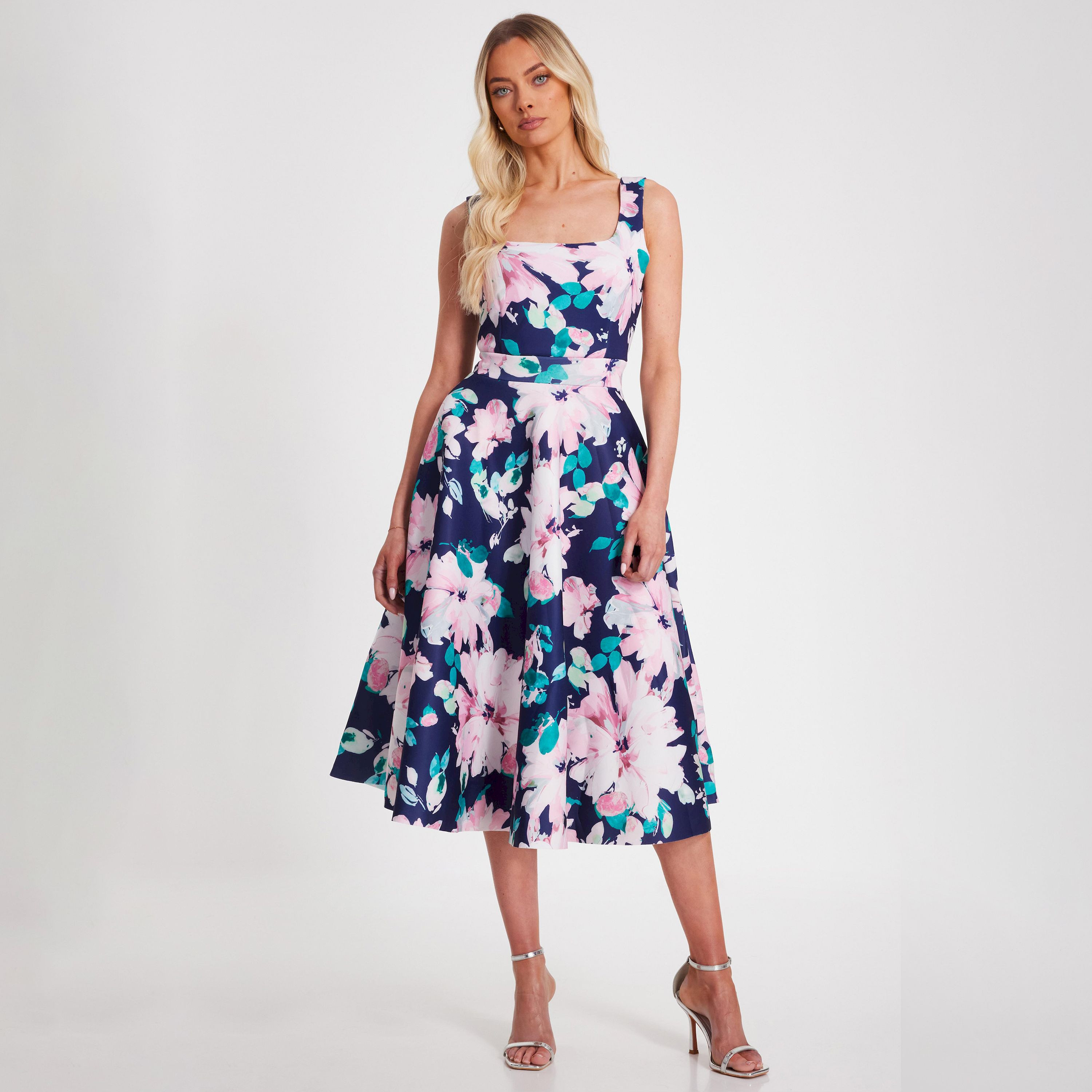 Quiz Navy Floral Scuba Foam Square Neck Women's Midaxi Skater Dress-women-clothing-dresses-image-1