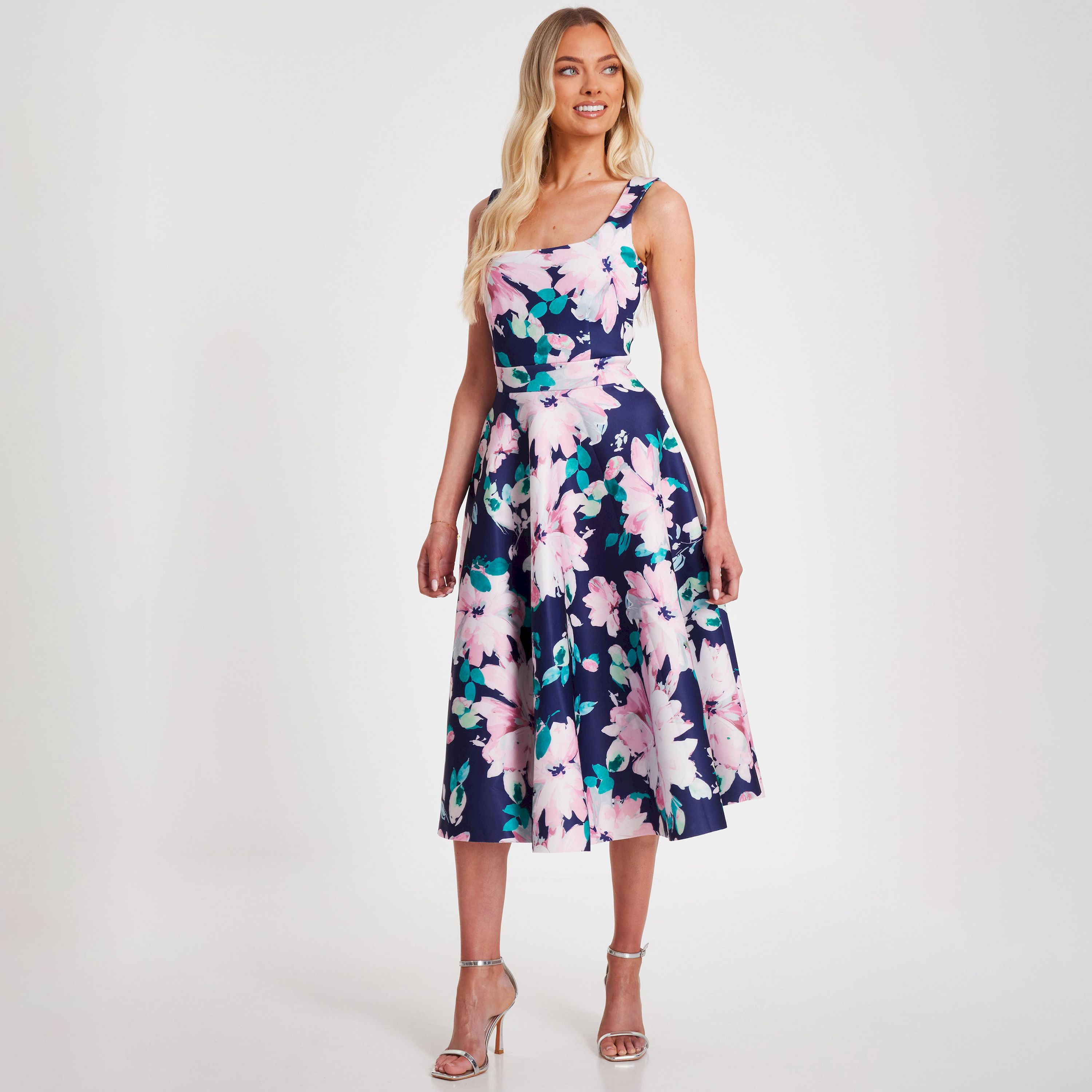 Quiz Navy Floral Scuba Foam Square Neck Women's Midaxi Skater Dress-women-clothing-dresses-image-2