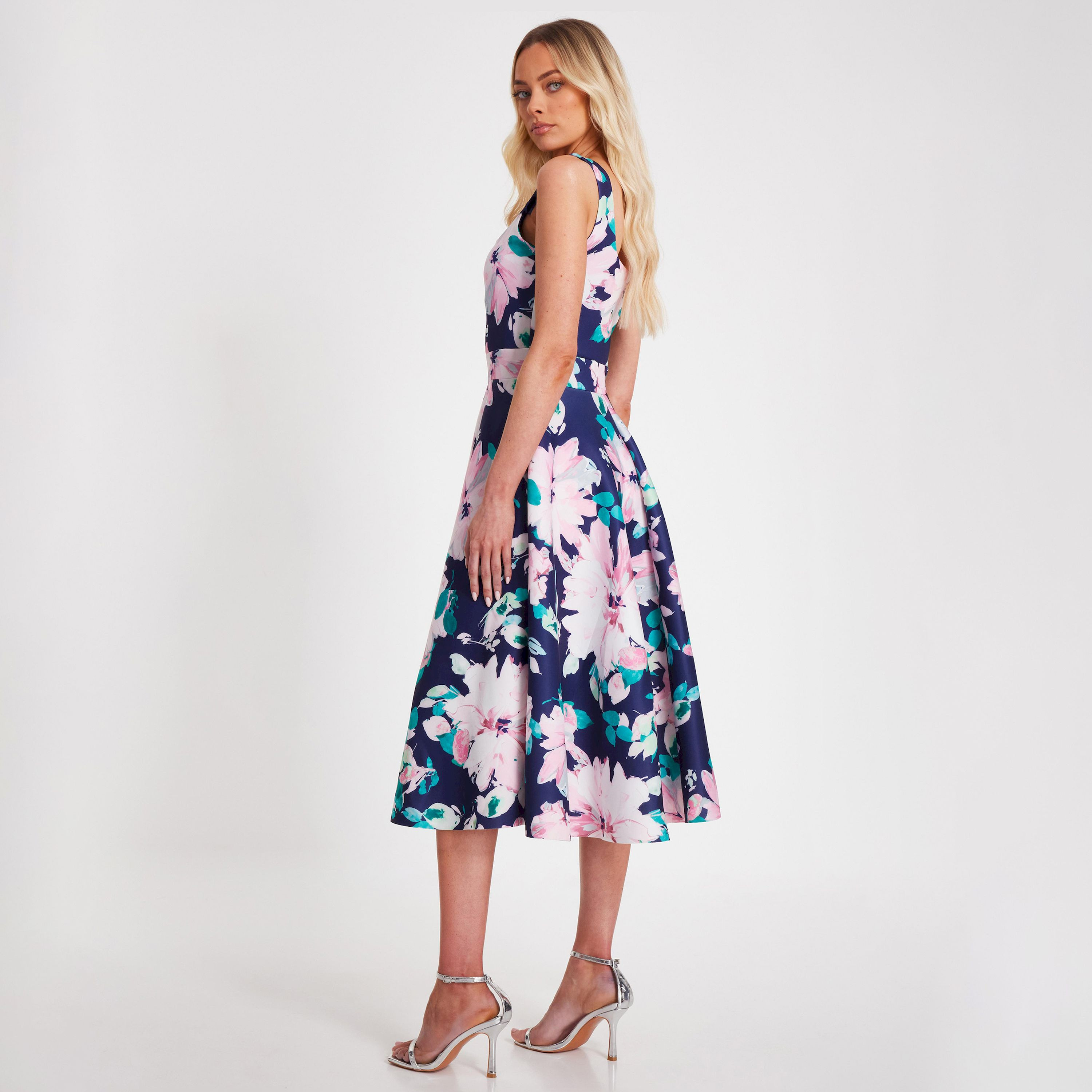 Quiz Navy Floral Scuba Foam Square Neck Women's Midaxi Skater Dress-women-clothing-dresses-image-3