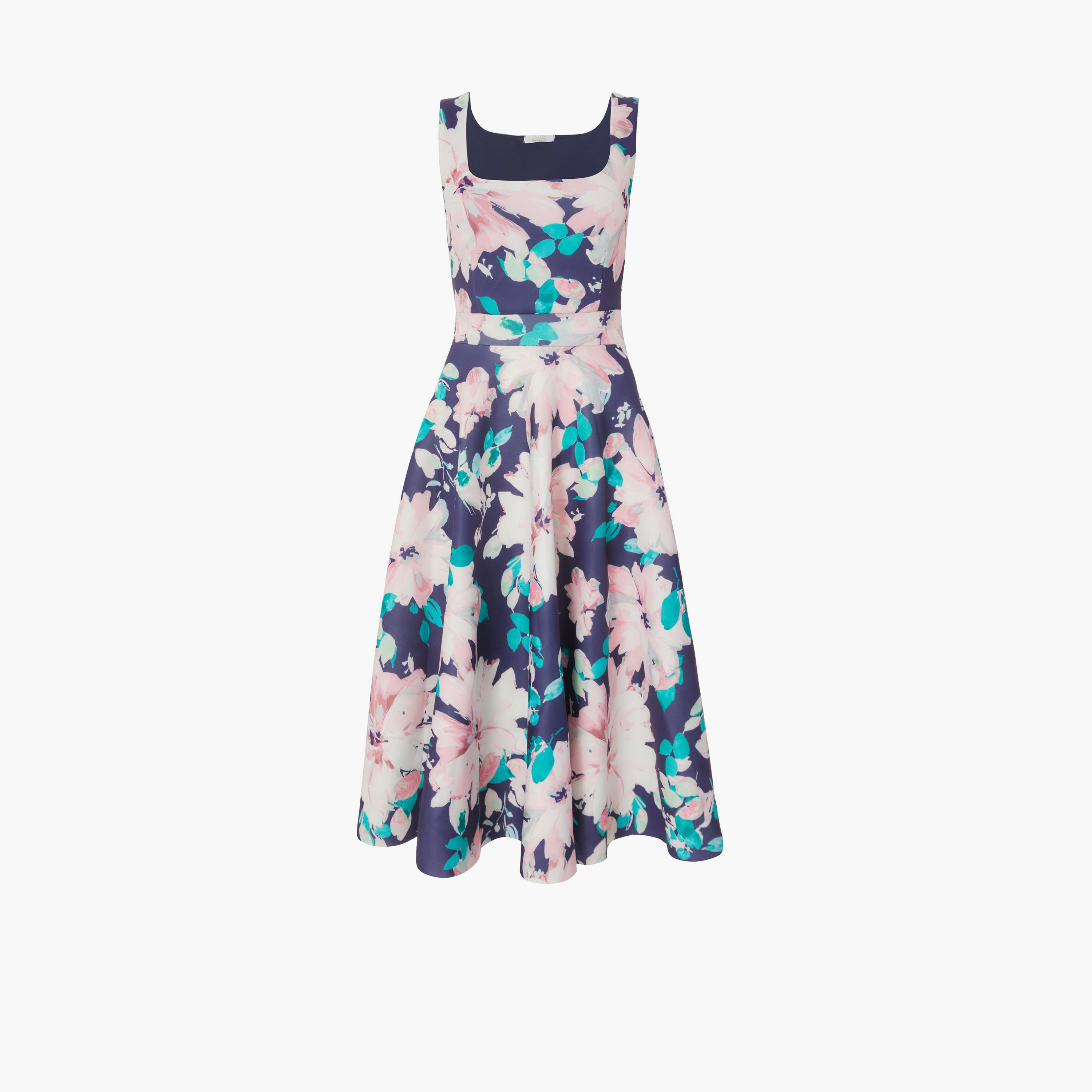 كويز-  فستان بطول متوسط (ميداكسي) من قماش إسفنجي بحري ياقة مربعة وزهور-women-clothing-dresses-image-4