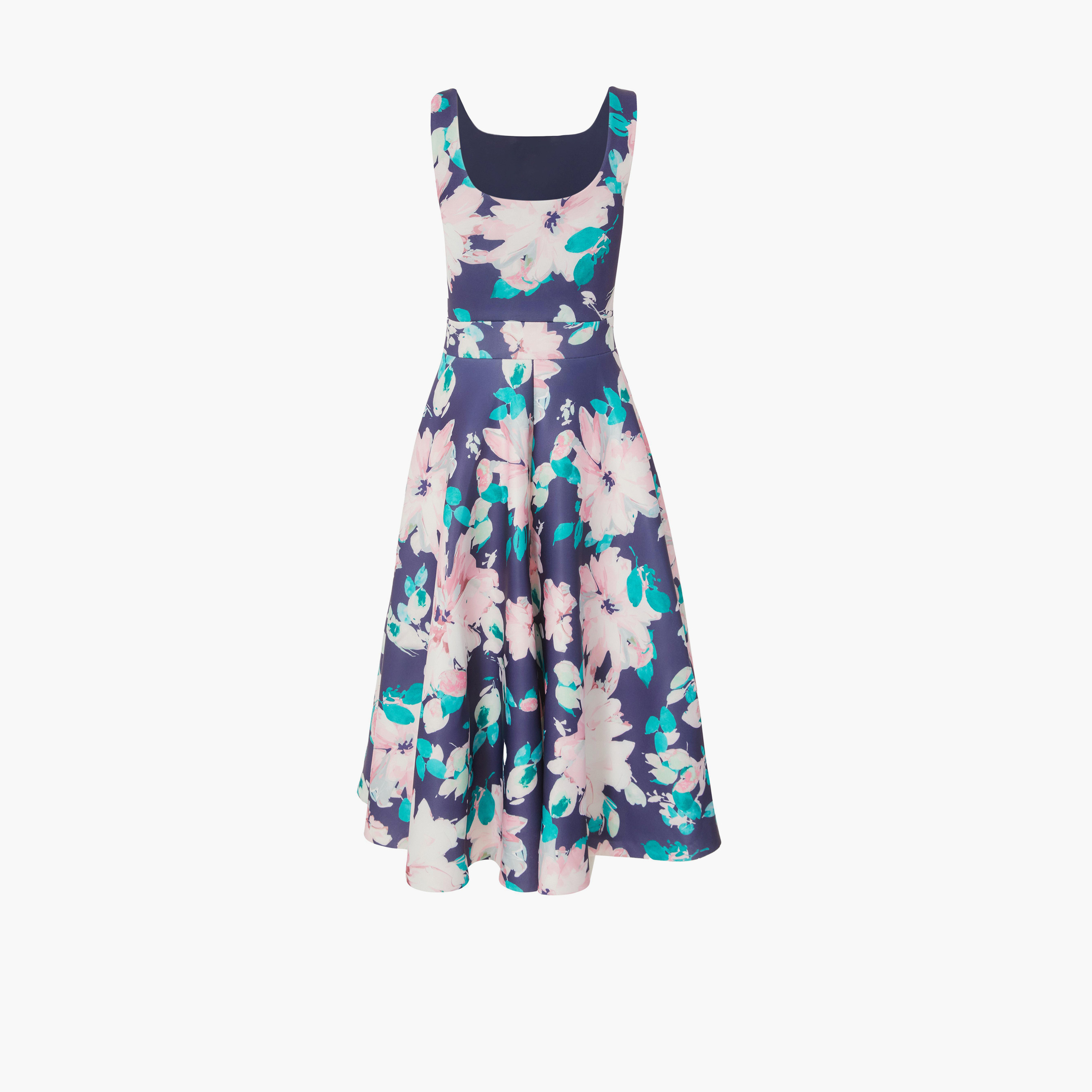كويز-  فستان بطول متوسط (ميداكسي) من قماش إسفنجي بحري ياقة مربعة وزهور-women-clothing-dresses-image-5