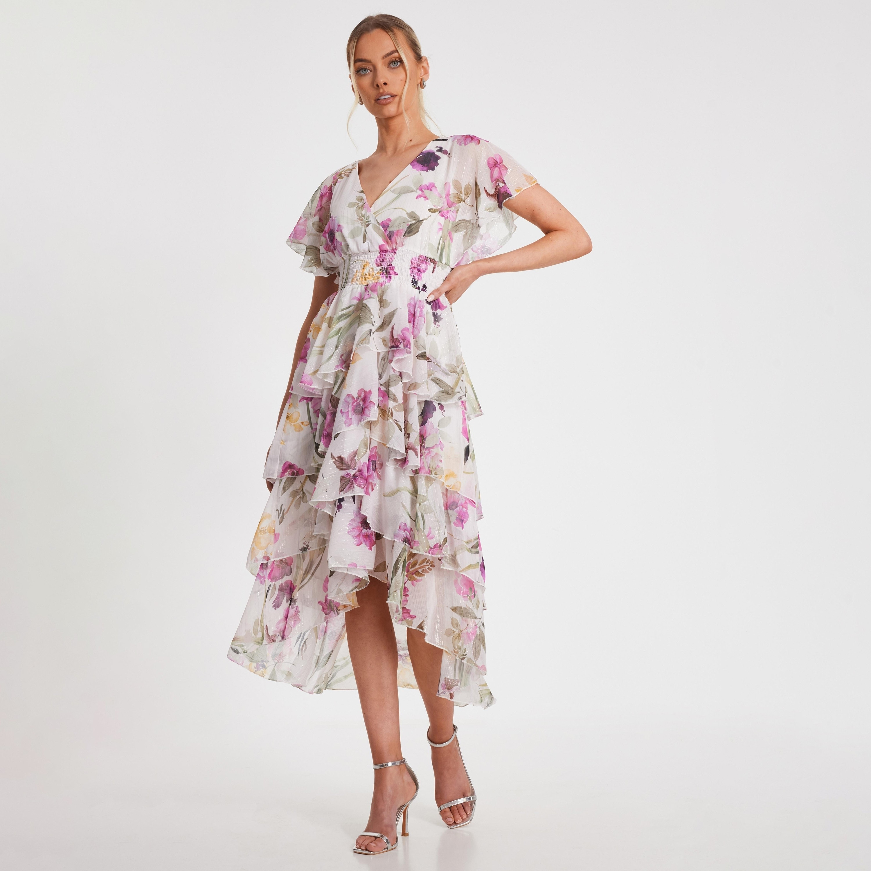 Quiz Floral Chiffon Tiered White Women Midaxi Dress-women-clothing-dresses-image-2