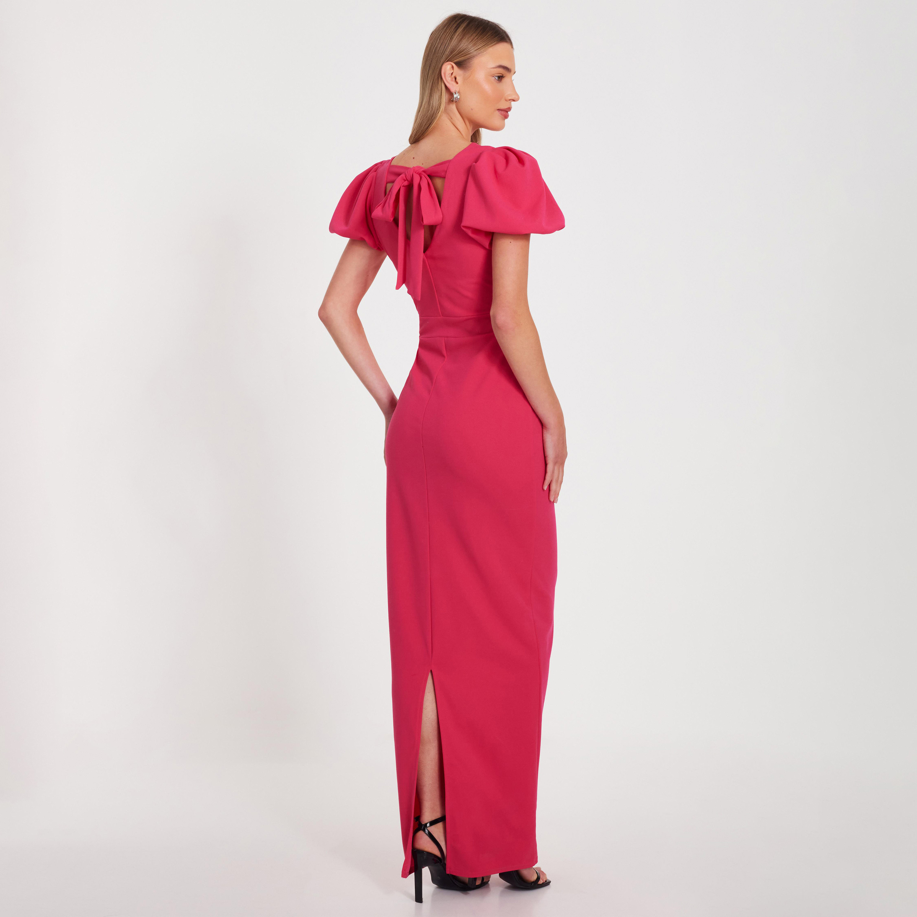 كويز-  فستان ماكسي من الكريب سكوبا برقبة على شكل حرف V مع تفاصيل حزام برباط-women-clothing-dresses-image-3