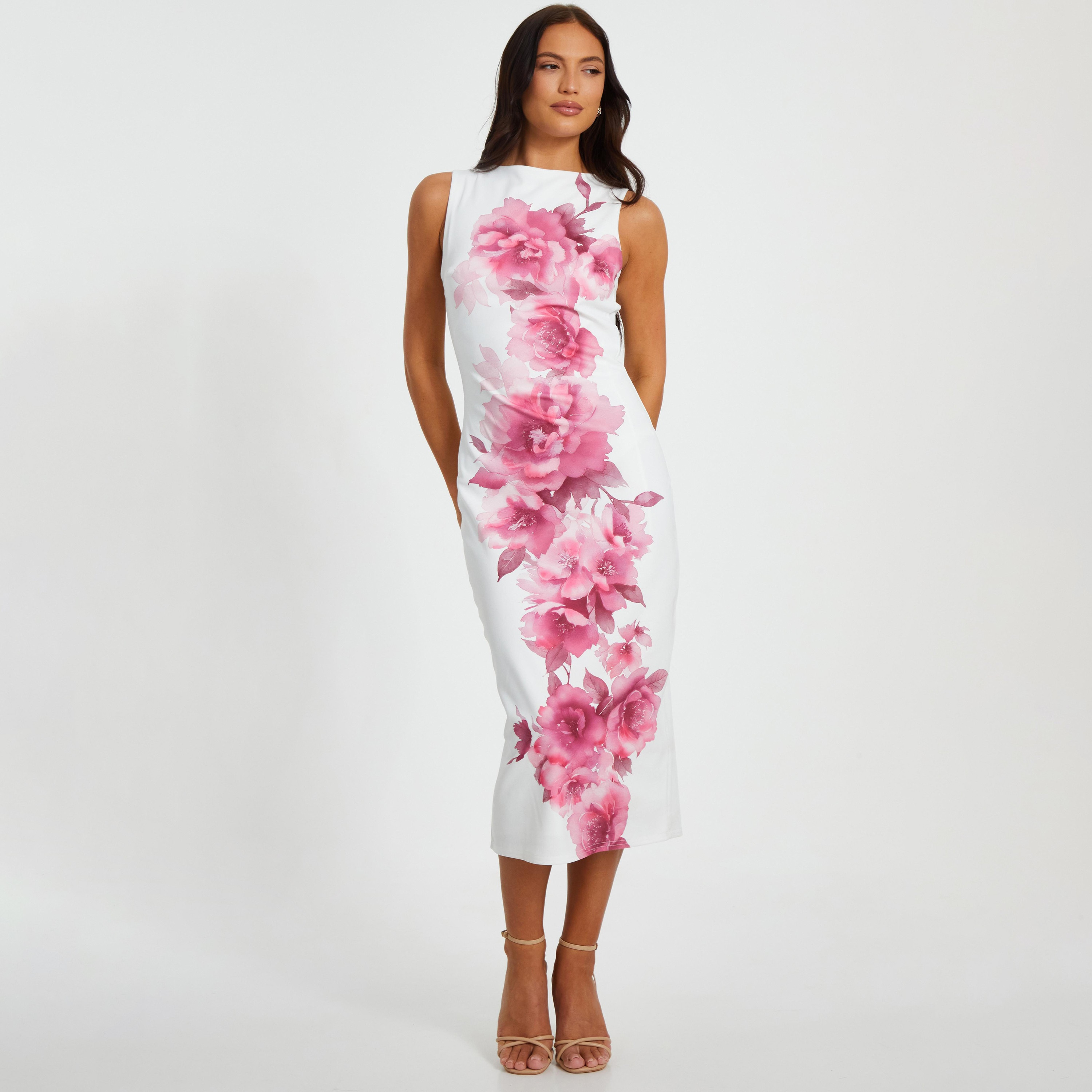 فستان متوسط ​​الطول نسائي من Quiz مصنوع من قماش كريب سكوبا باللون الأبيض-women-clothing-dresses-image-1