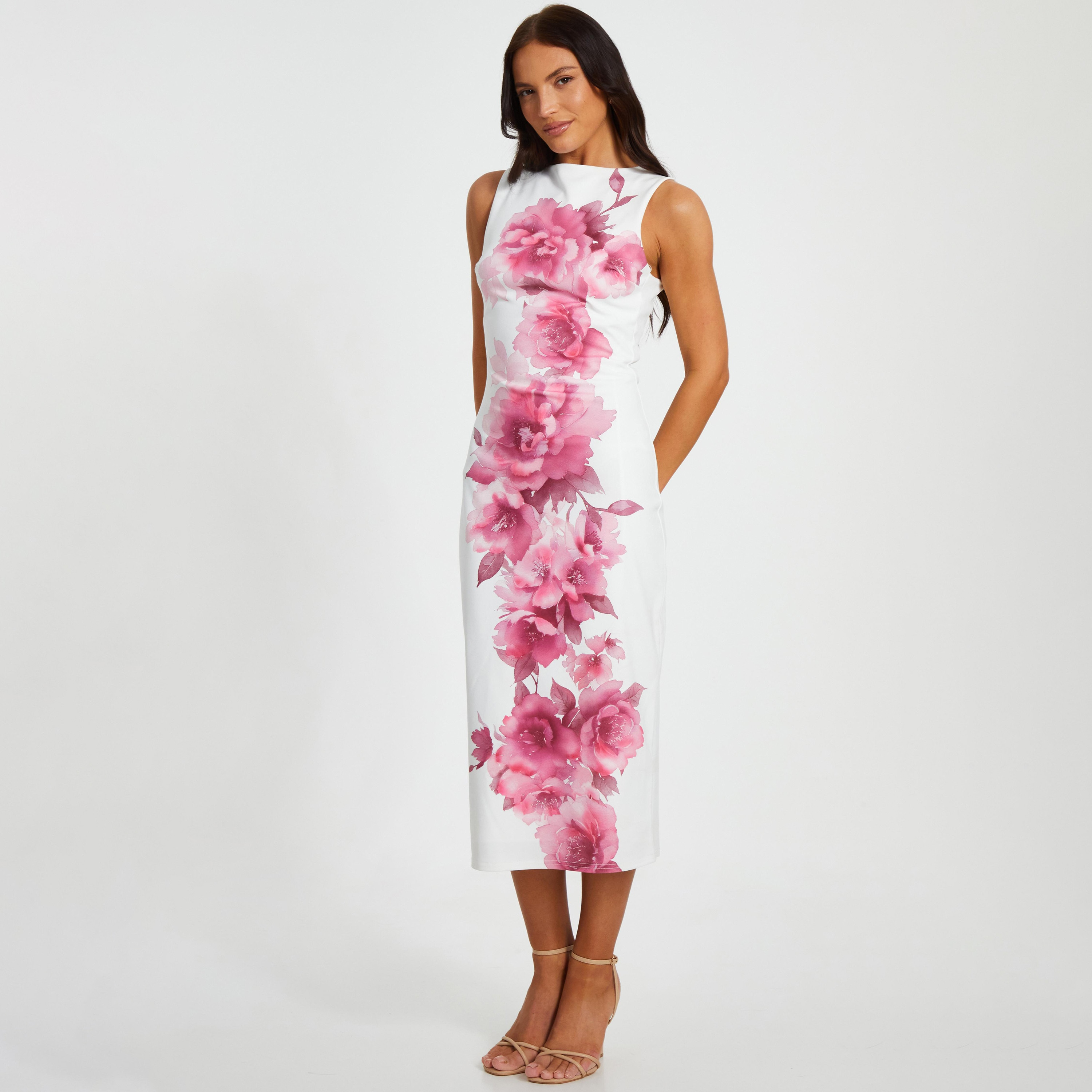 فستان متوسط ​​الطول نسائي من Quiz مصنوع من قماش كريب سكوبا باللون الأبيض-women-clothing-dresses-image-2