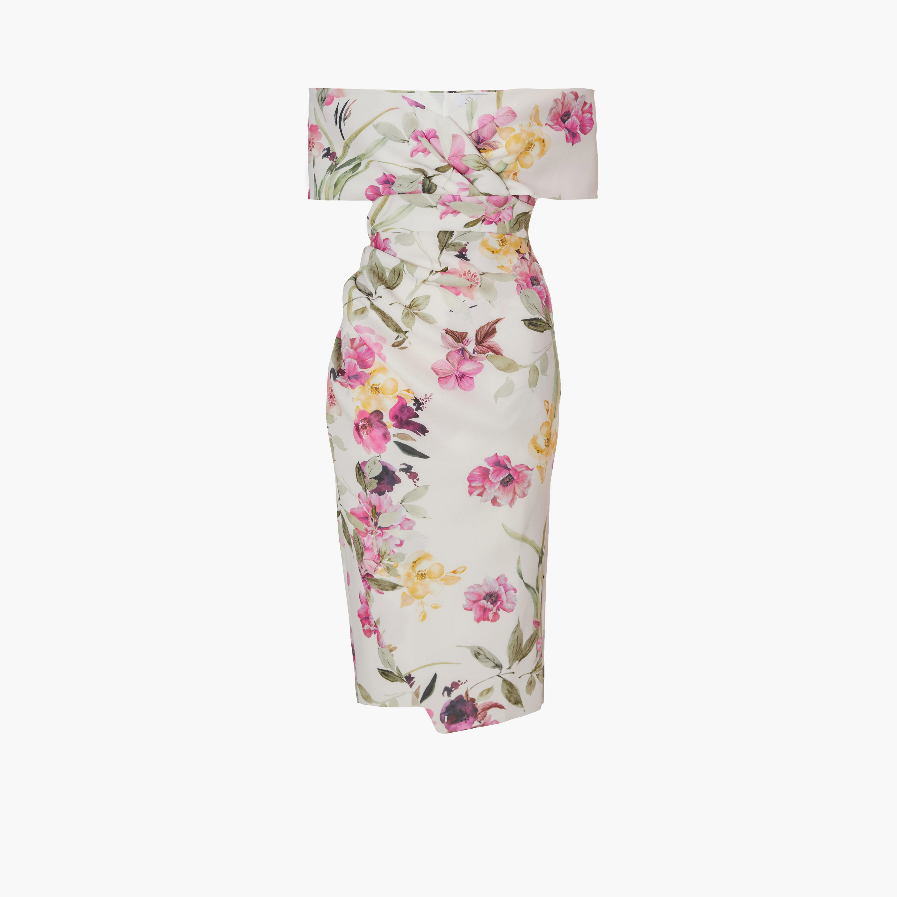كويز-  فستان بطول متوسط (ميداكسي) أبيض من قماش سكوبا فوم باردو نقشة زهور-women-clothing-dresses-image-4