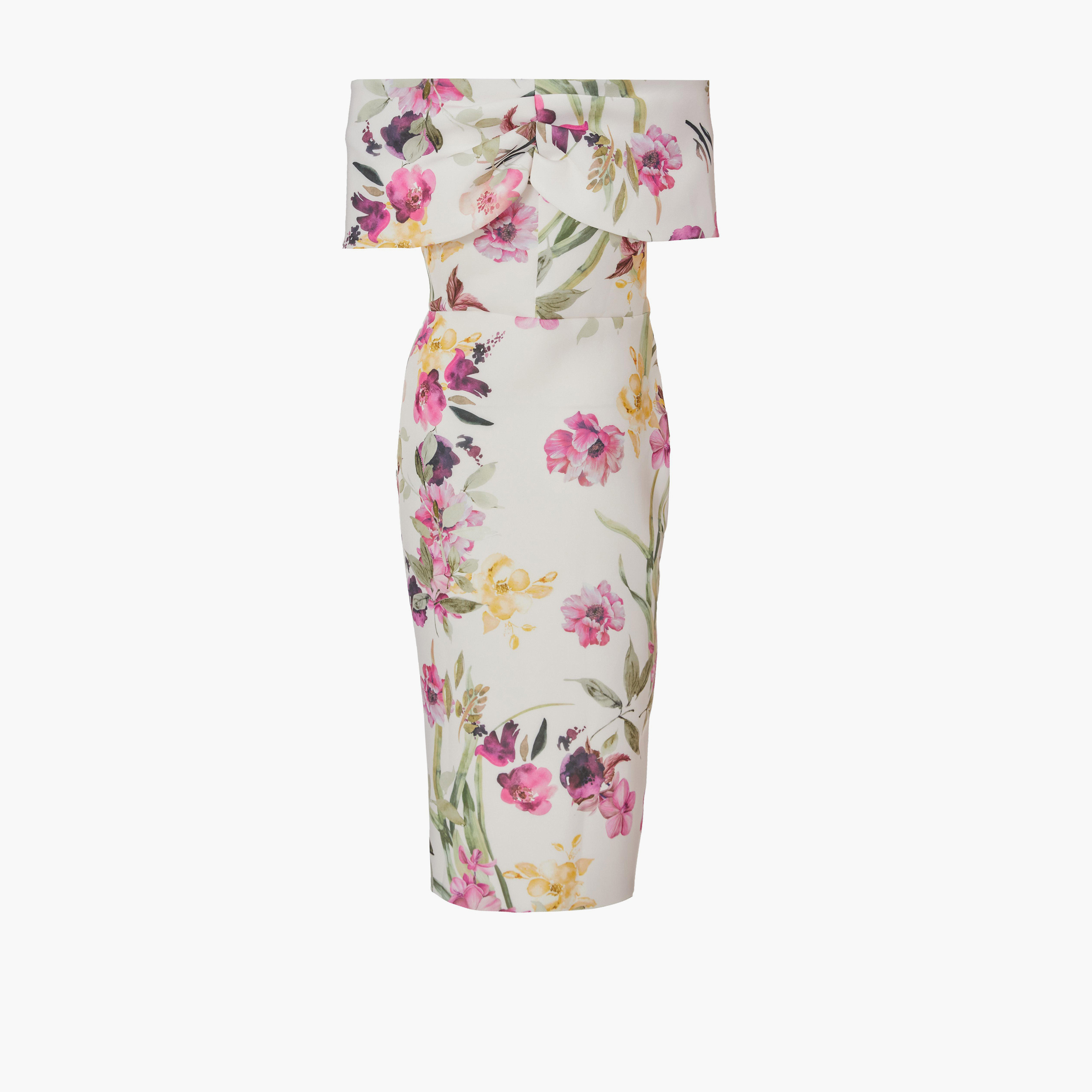 كويز-  فستان بطول متوسط (ميداكسي) أبيض من قماش سكوبا فوم باردو نقشة زهور-women-clothing-dresses-image-5