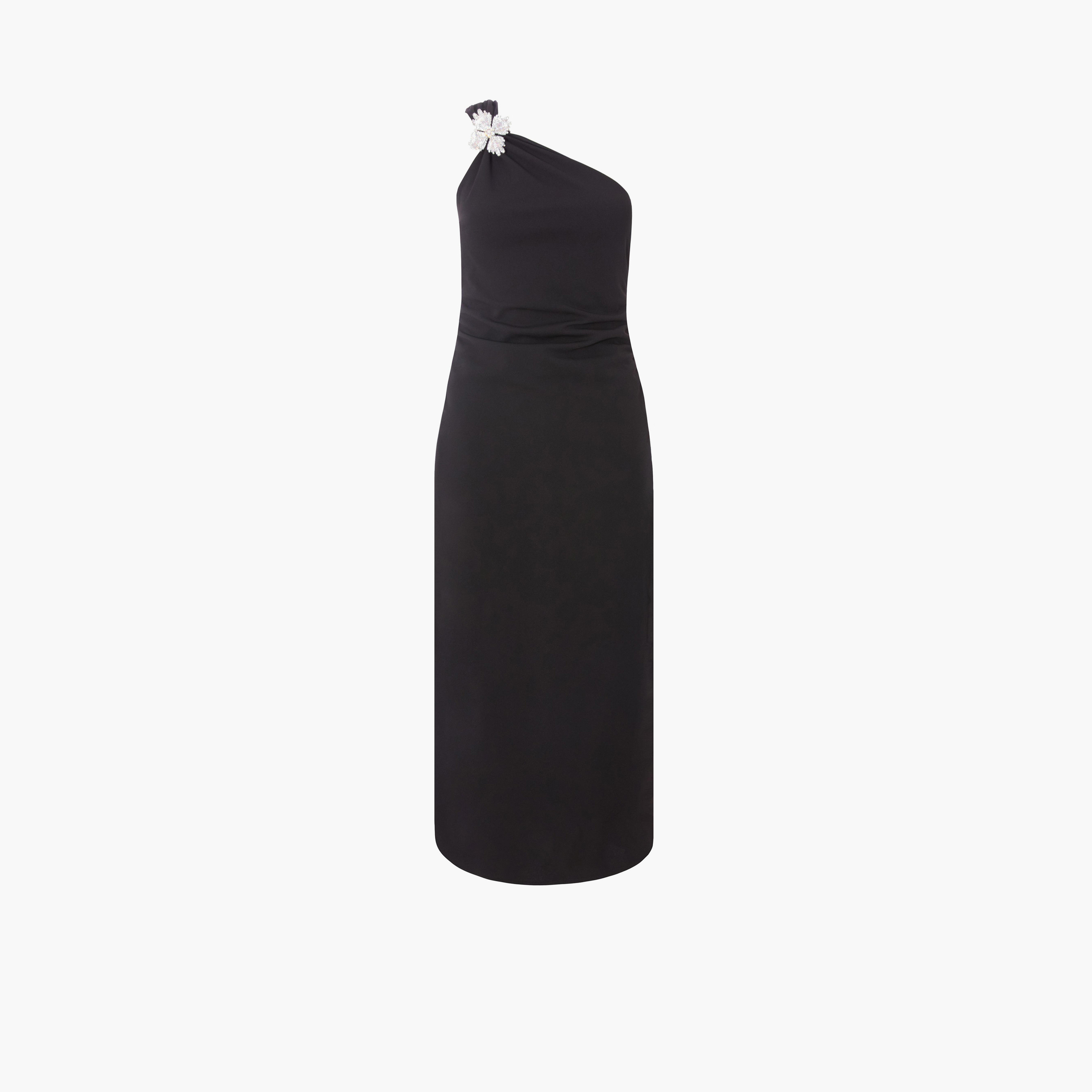 كويز-  فستان بطول متوسط (ميداكسي) أسود غير متماثل من قماش الكريب سكوبا مع زينة-women-clothing-dresses-image-4