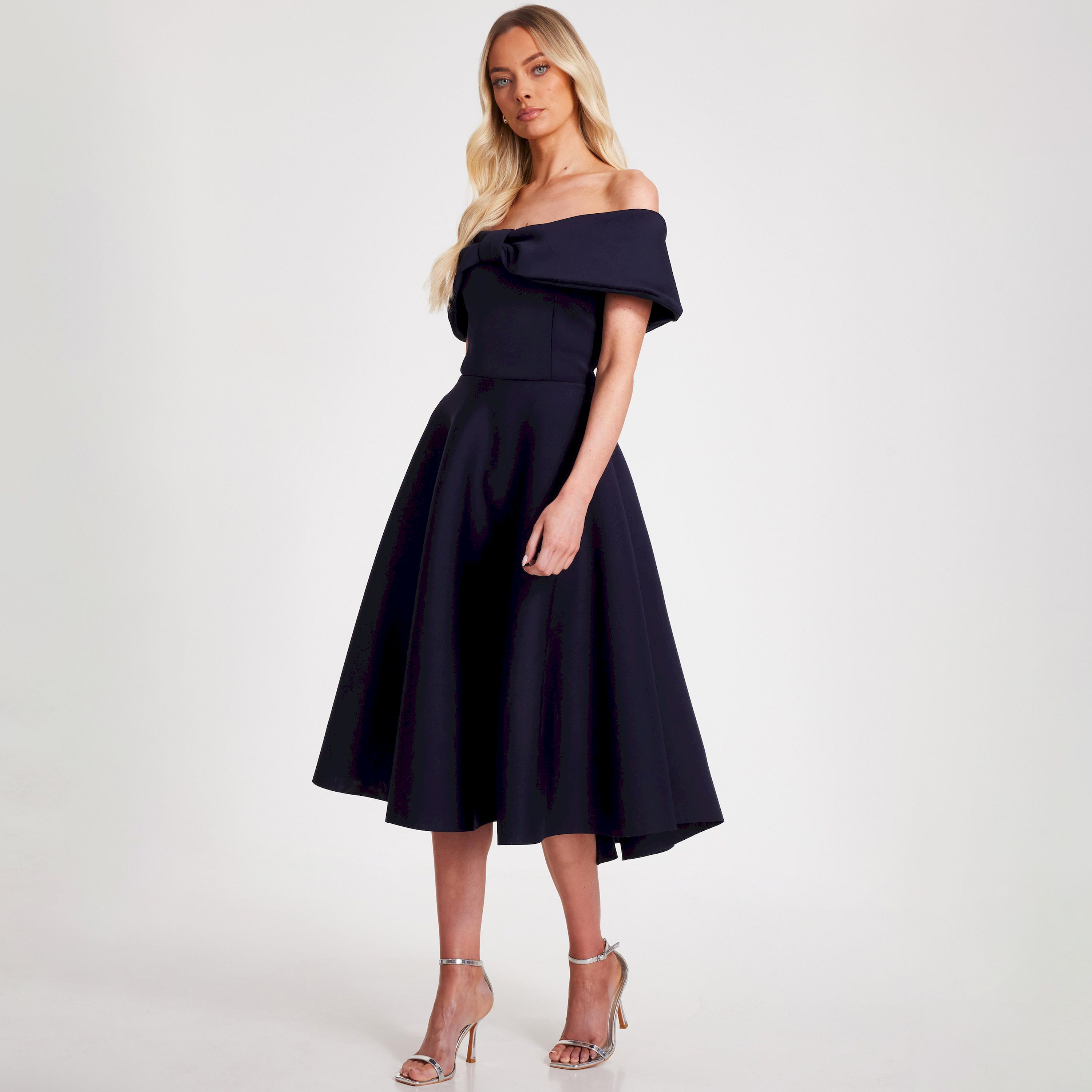 Quiz Navy Bardot Bow-Detail Women's Midi Skater Dress-women-clothing-dresses-image-2