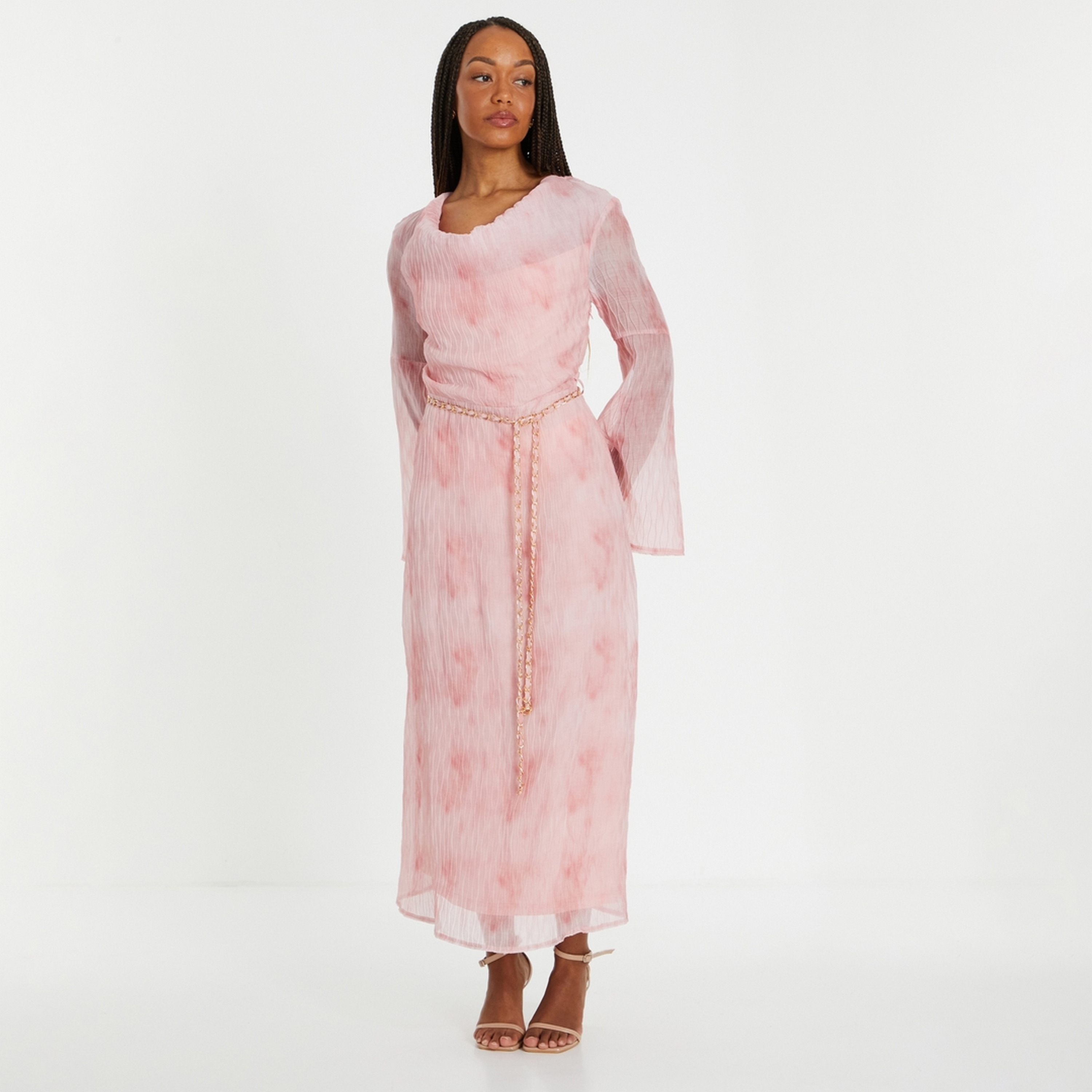 Quiz Textured Chiffon Belted Shift Pink Women's Maxi Dress-women-clothing-dresses-image-1
