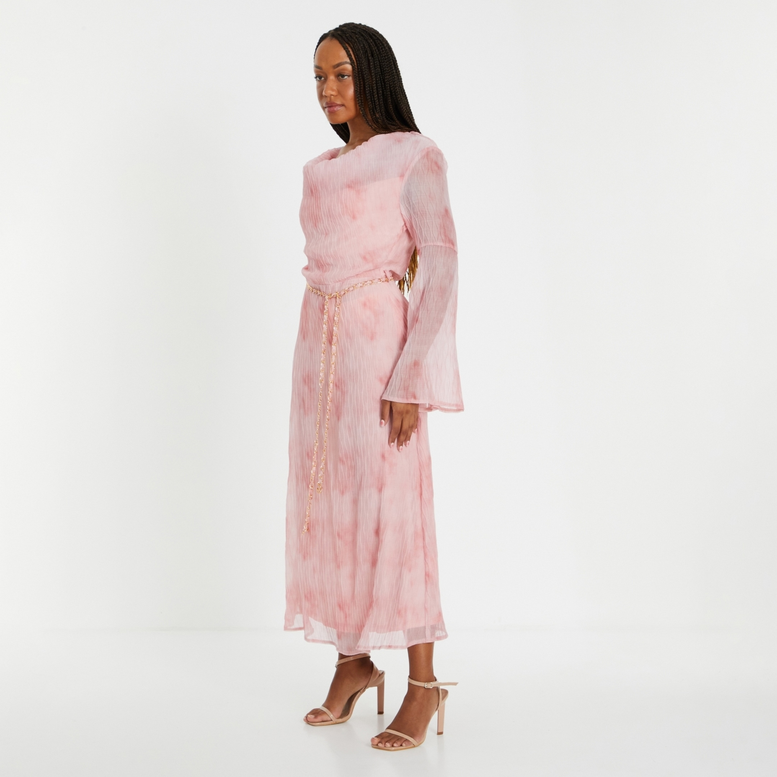 Quiz Textured Chiffon Belted Shift Pink Women's Maxi Dress-women-clothing-dresses-image-2