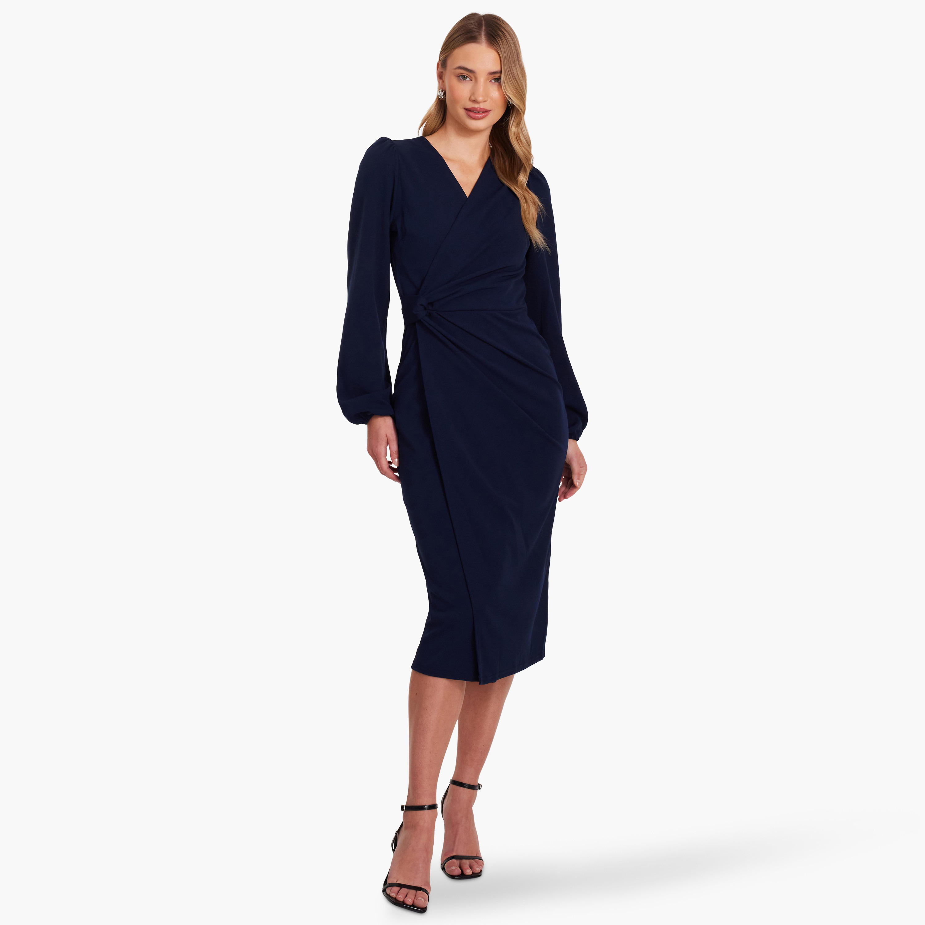 Quiz Navy Scuba Crepe Wrap Women Midi Dress-women-clothing-dresses-image-1