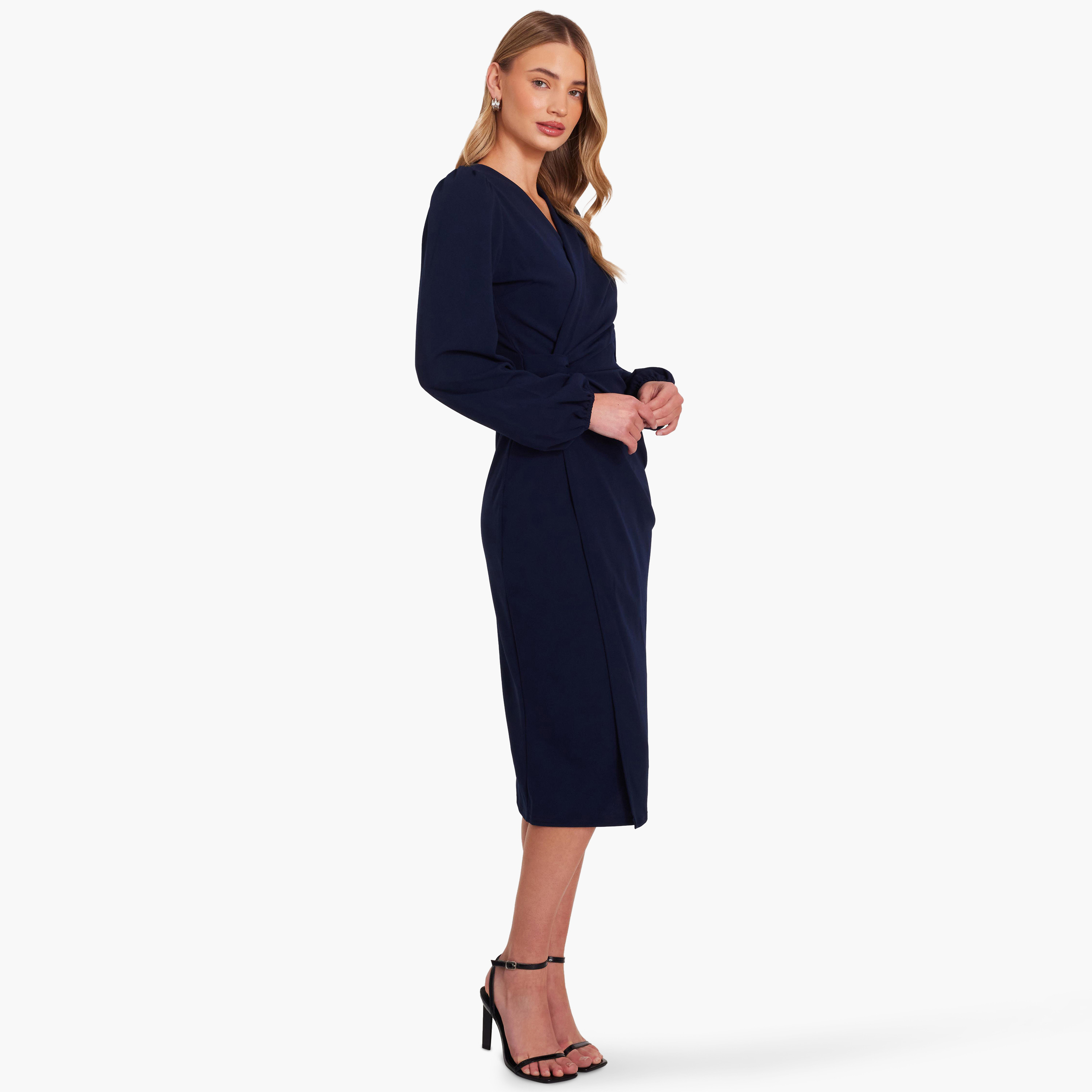 Quiz Navy Scuba Crepe Wrap Women Midi Dress-women-clothing-dresses-image-2
