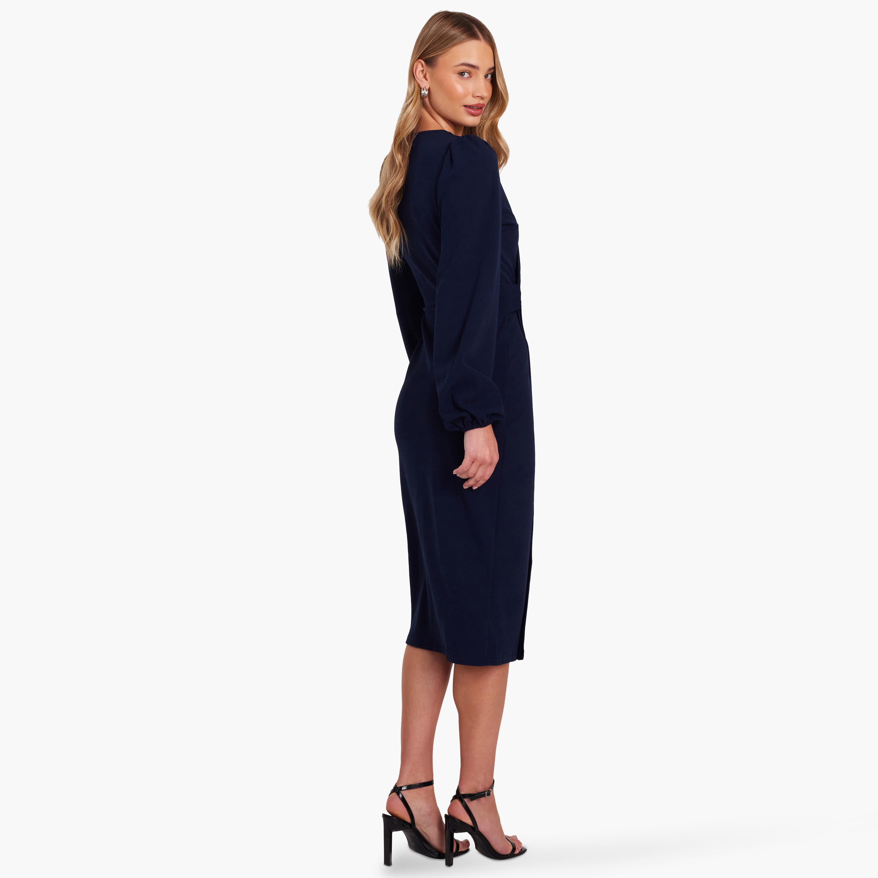 Quiz Navy Scuba Crepe Wrap Women Midi Dress-women-clothing-dresses-image-3