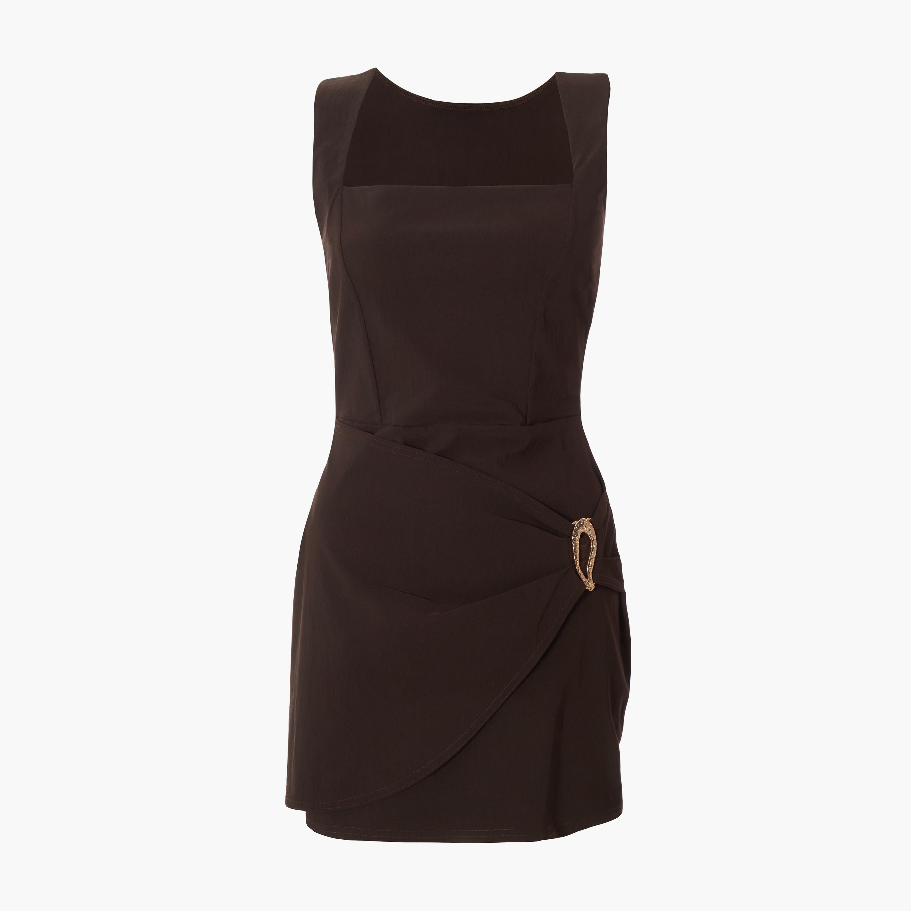 Quiz Brown Bengaline Square Neck Gold Buckle Wrap Women Mini Dress-women-clothing-dresses-image-5