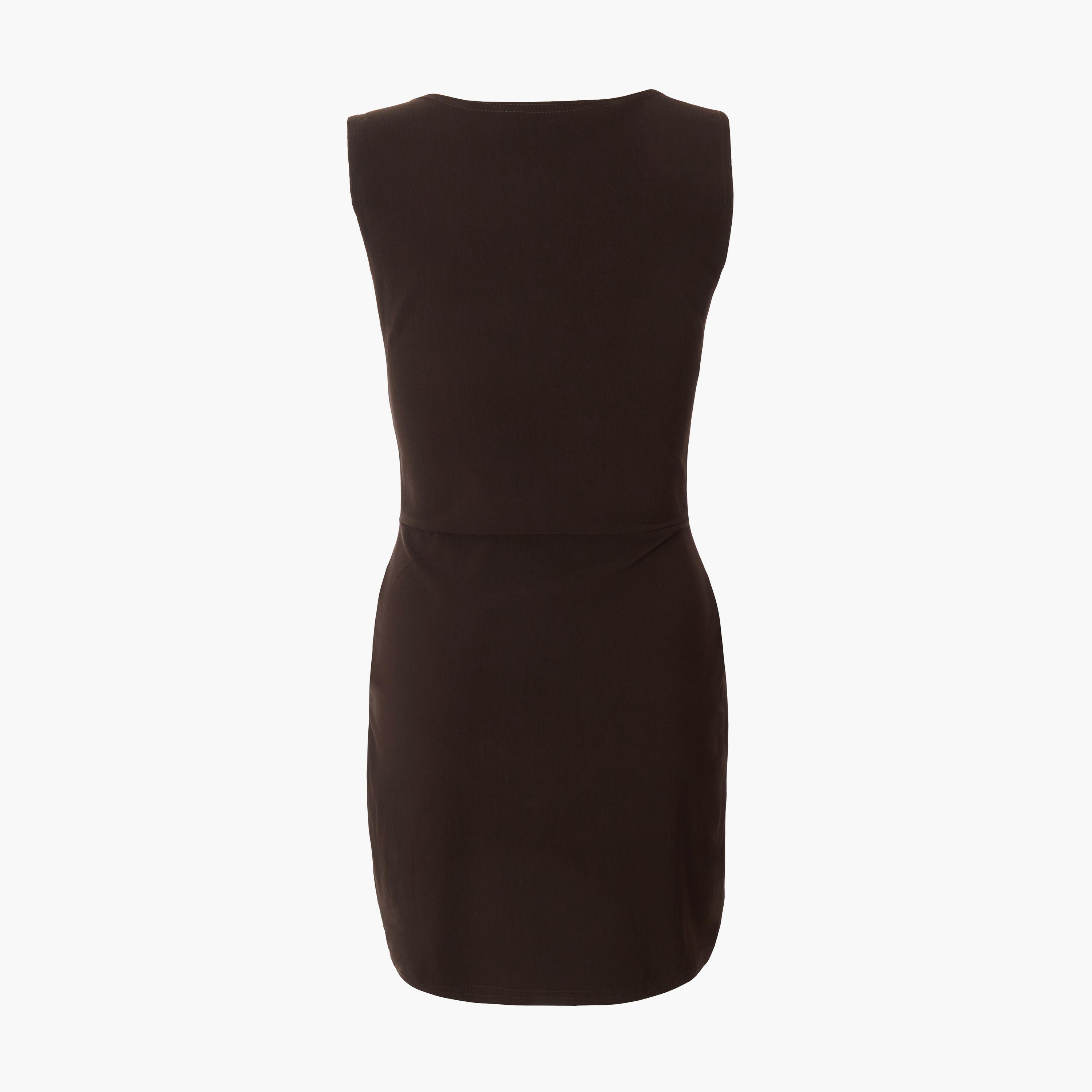 Quiz Brown Bengaline Square Neck Gold Buckle Wrap Women Mini Dress-women-clothing-dresses-image-6