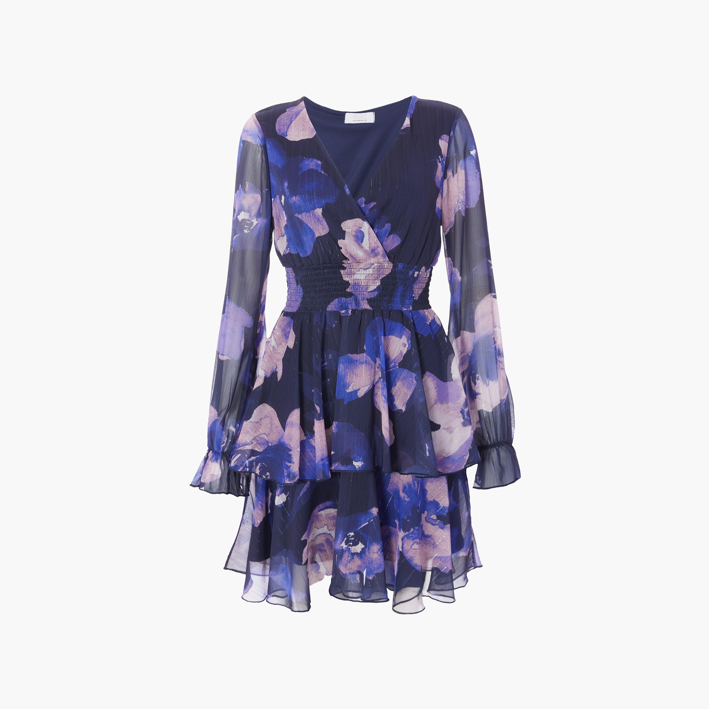 فستان قصير نسائي من الشيفون الزهري متعدد الطبقات باللون الأزرق الداكن من كويز-women-clothing-dresses-image-5