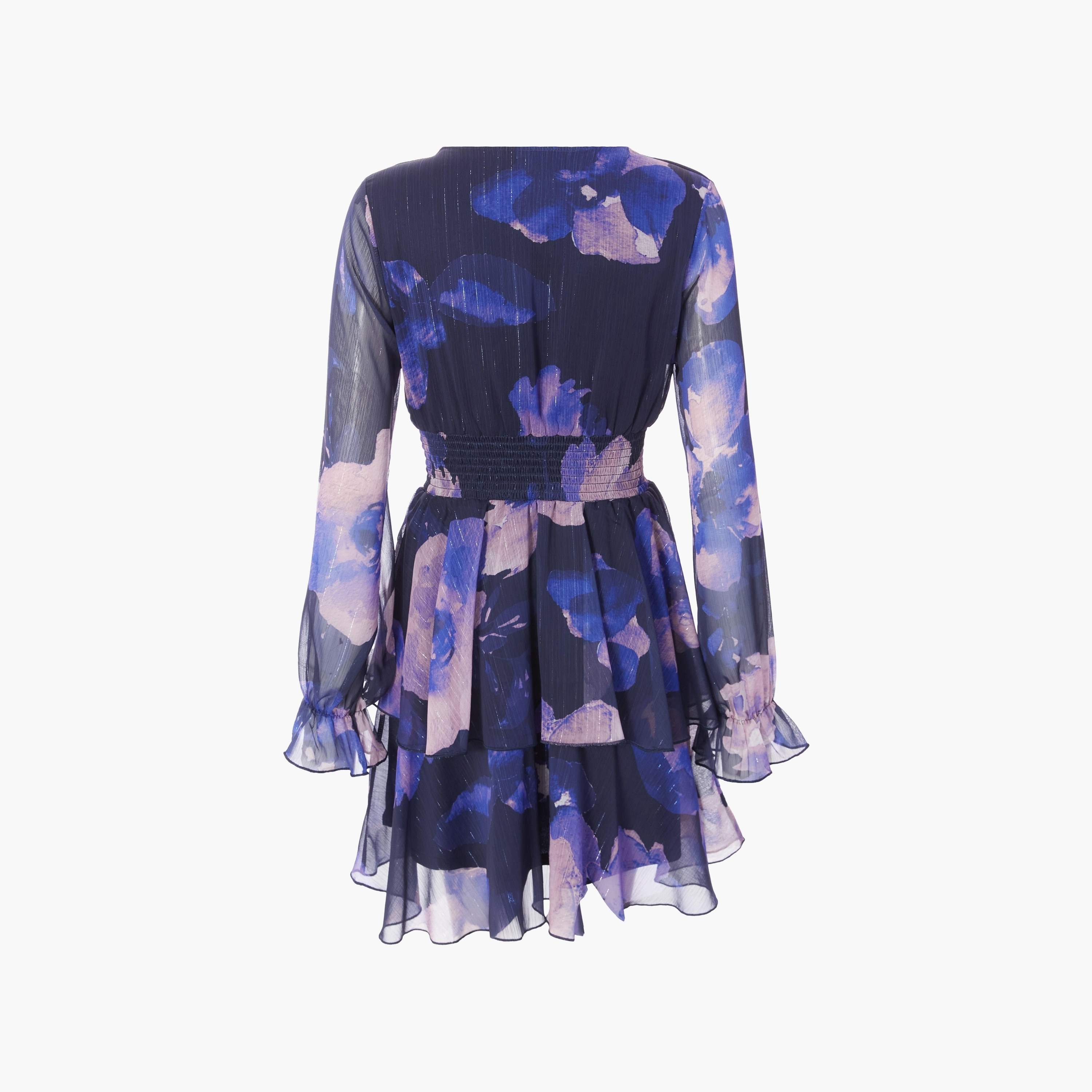 فستان قصير نسائي من الشيفون الزهري متعدد الطبقات باللون الأزرق الداكن من كويز-women-clothing-dresses-image-6