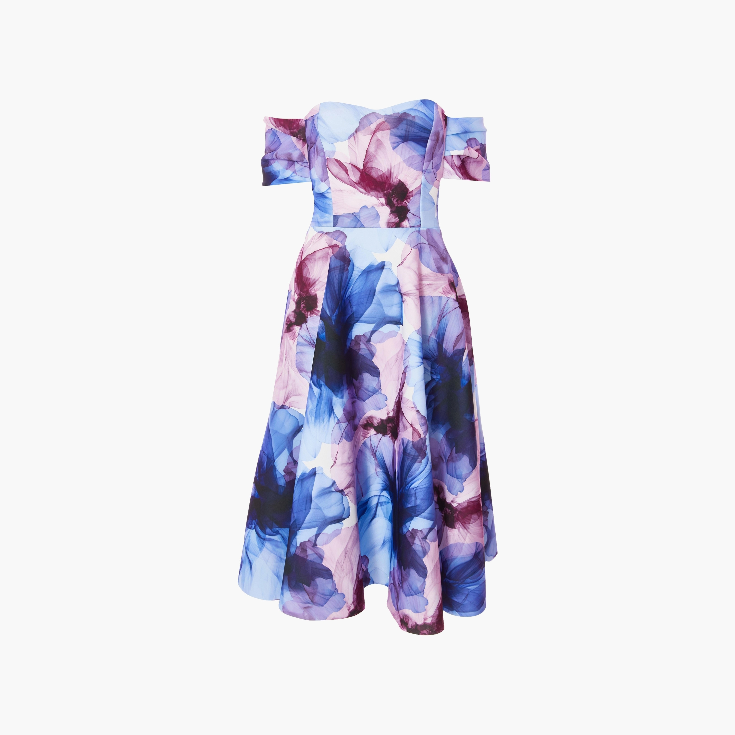 فستان نسائي متوسط الطول أزرق فاتح بفتحة صدر باردو مزين بالزهور من كويز-women-clothing-dresses-image-5
