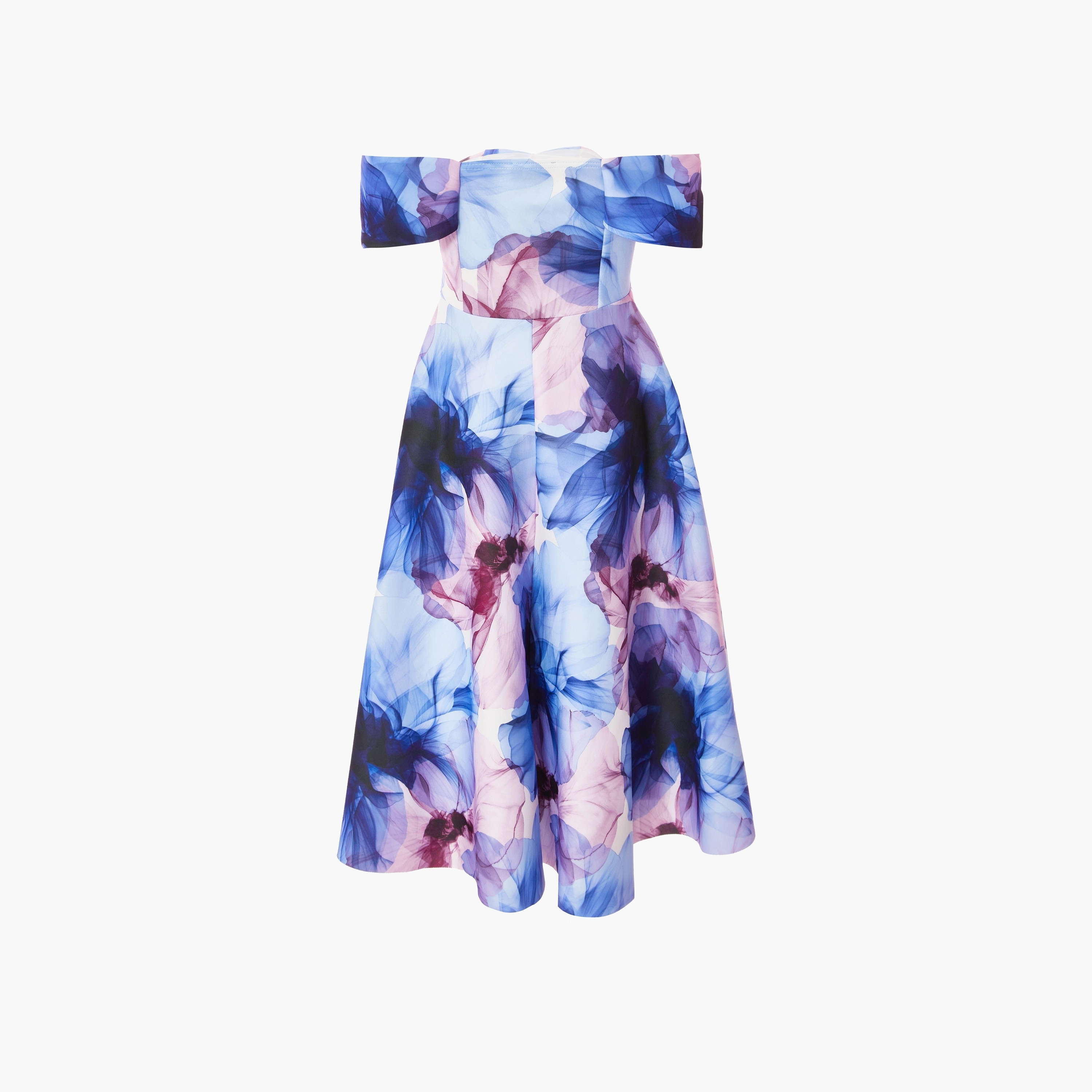 فستان نسائي متوسط الطول أزرق فاتح بفتحة صدر باردو مزين بالزهور من كويز-women-clothing-dresses-image-6
