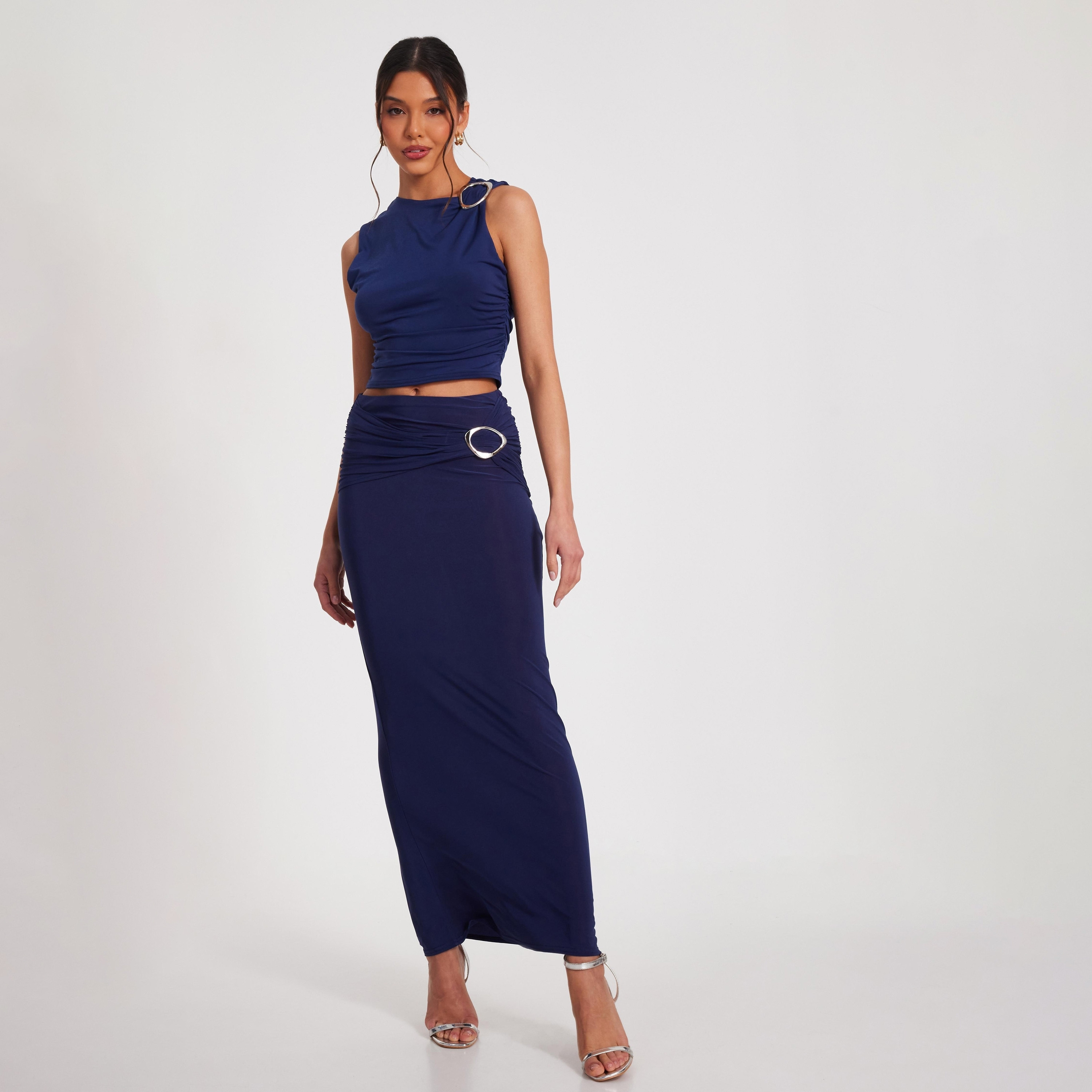 تنورة ماكسي نسائية من قماش إنديجو إي تي آي من كويز-women-clothing-bottoms-skirts-image-2