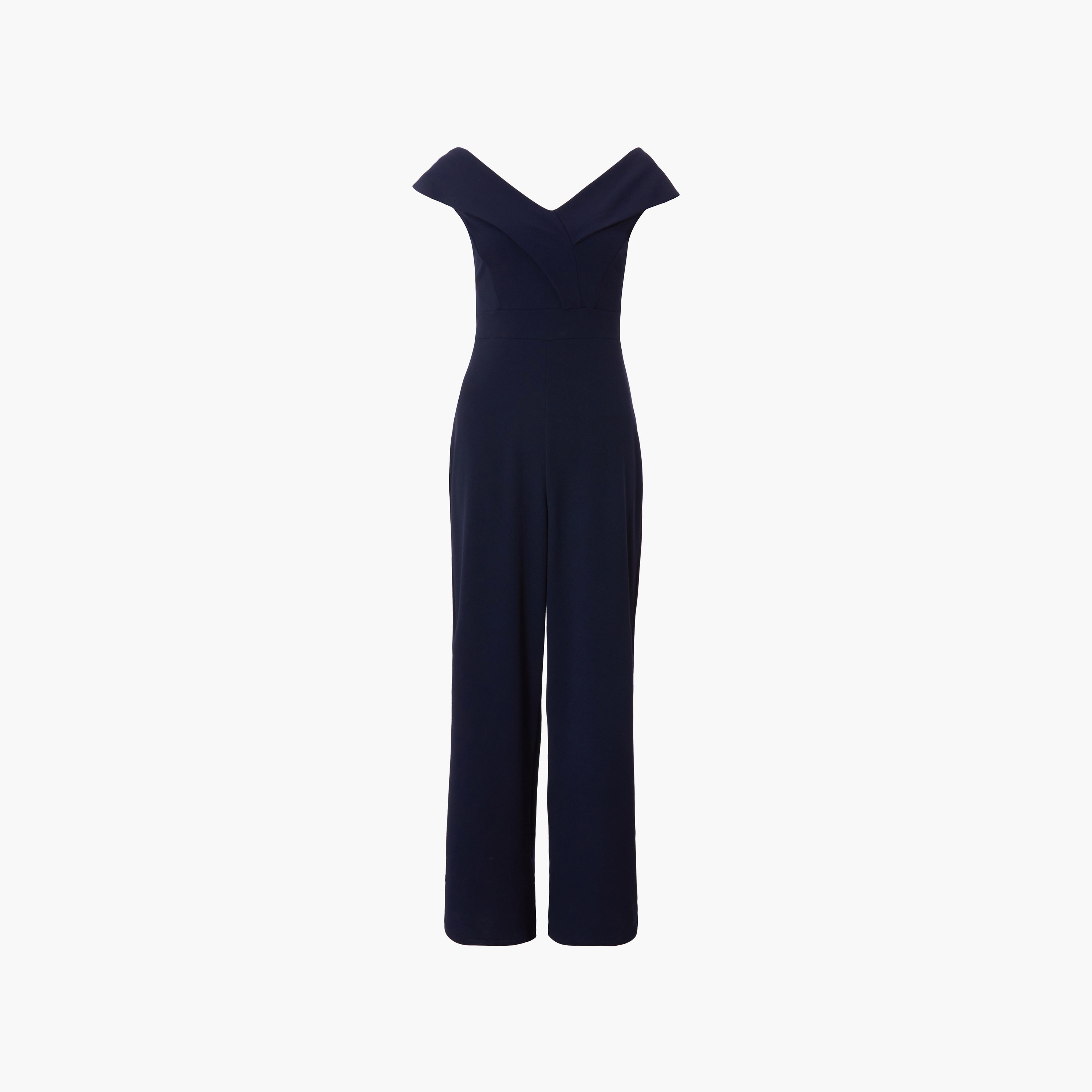 جمبسوت نسائي أزرق داكن من قماش الكريب سكوبا بياقة باردة من كويز-women-clothing-jumpsuits-image-5