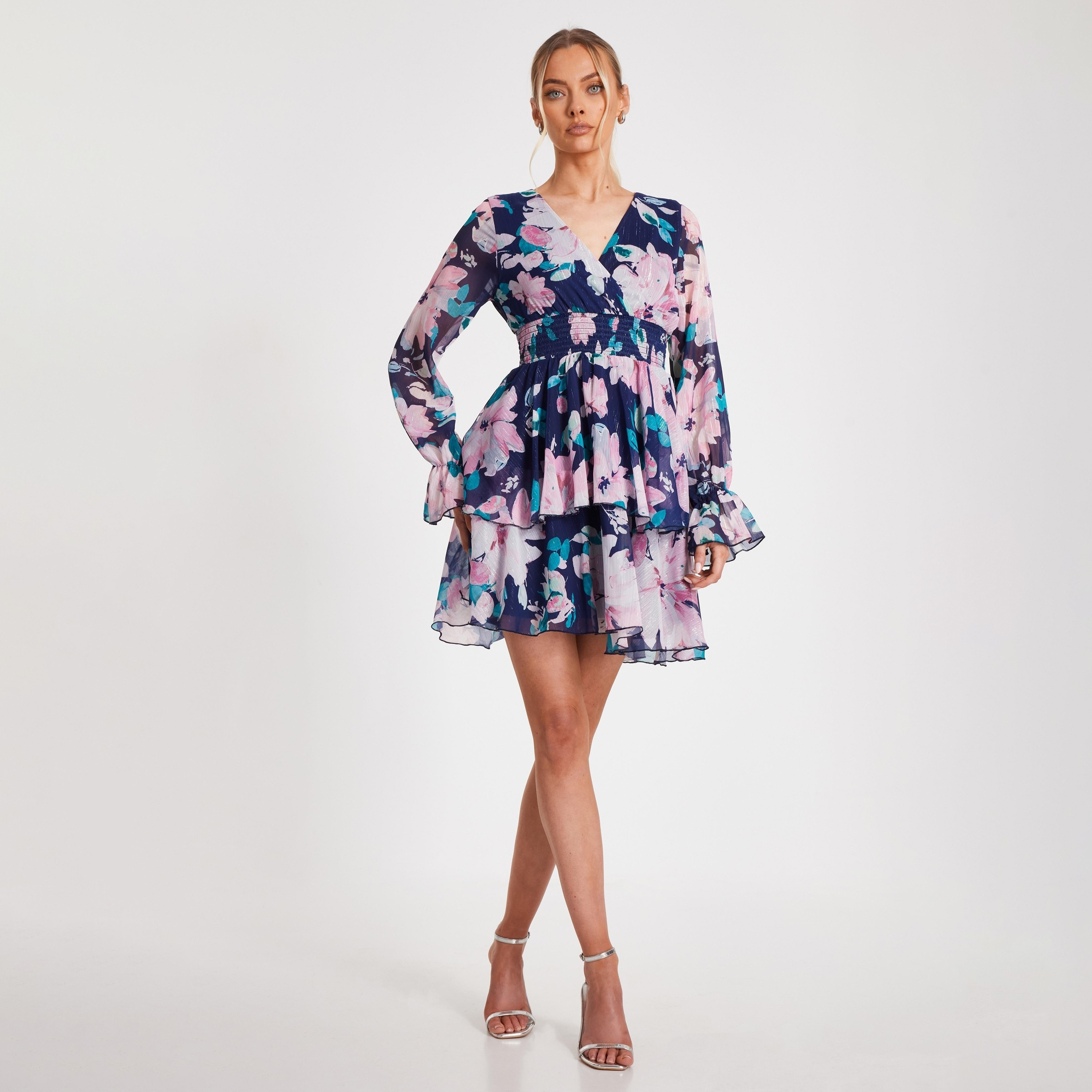 Quiz Floral Chiffon Lurex Tiered Navy Women Mini Dress-women-clothing-dresses-image-1