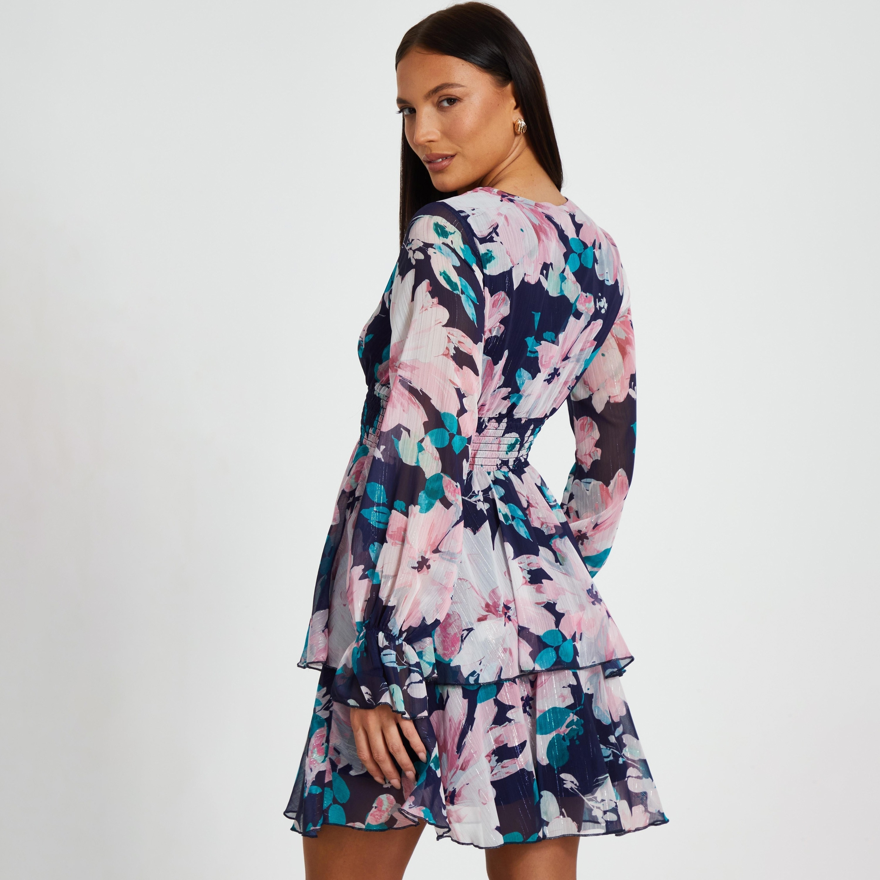 فستان نسائي قصير من الشيفون الزهري متعدد الطبقات باللون الأزرق الداكن من كويز-women-clothing-dresses-image-3