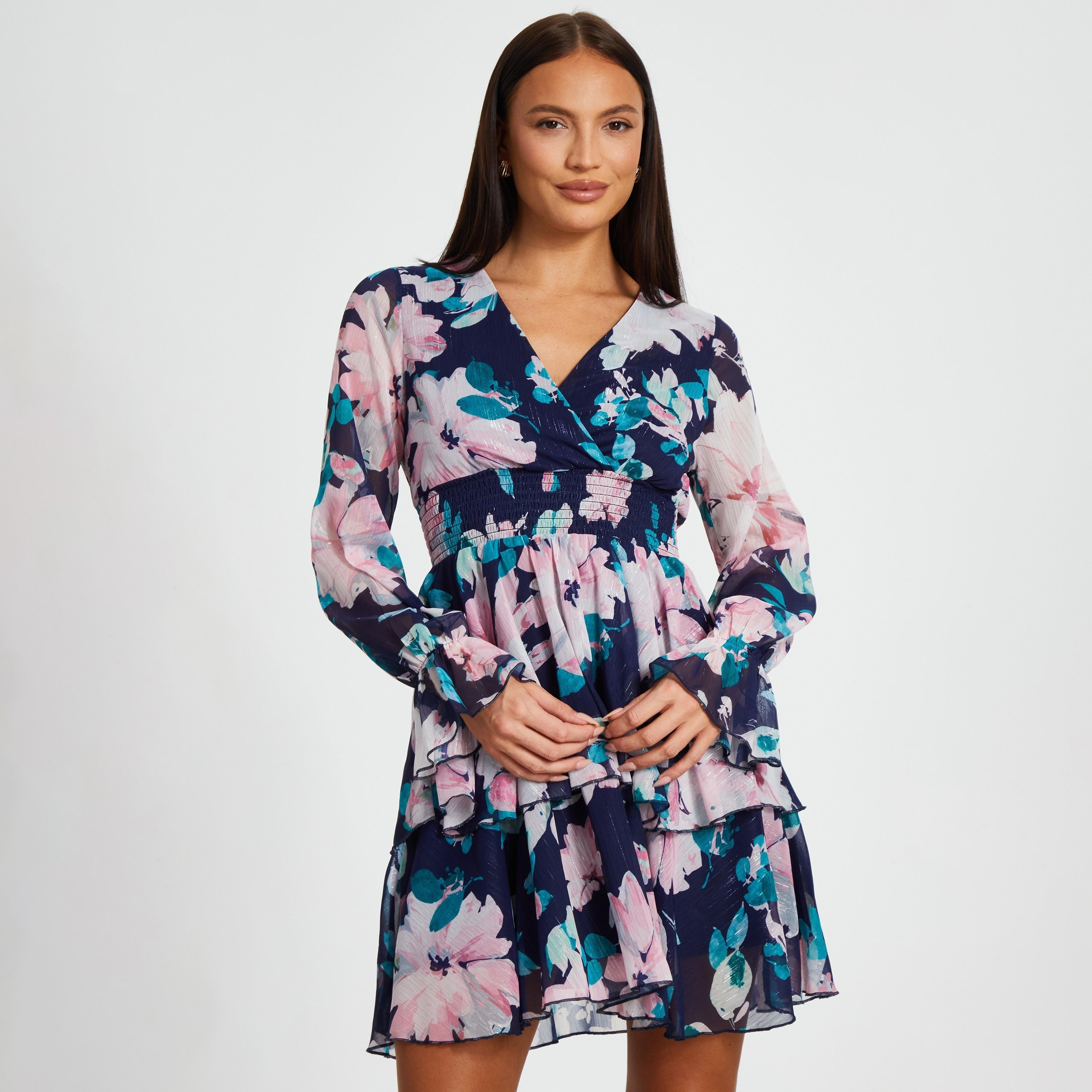 فستان نسائي قصير من الشيفون الزهري متعدد الطبقات باللون الأزرق الداكن من كويز-women-clothing-dresses-image-5