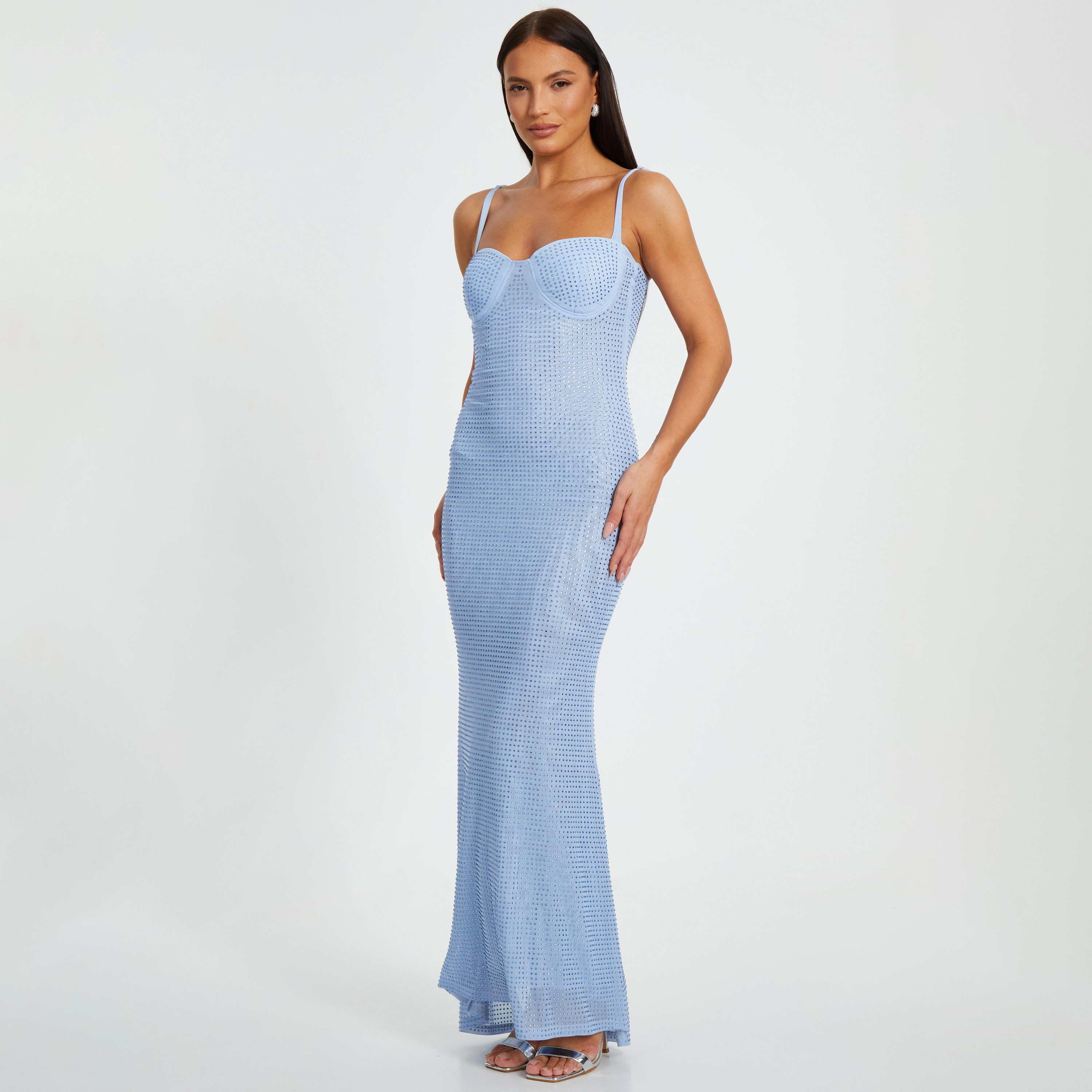 Quiz Rhinestone Mesh Shoulder Straps Bodycon Women's Evening Maxi Dress-women-clothing-dresses-image-2