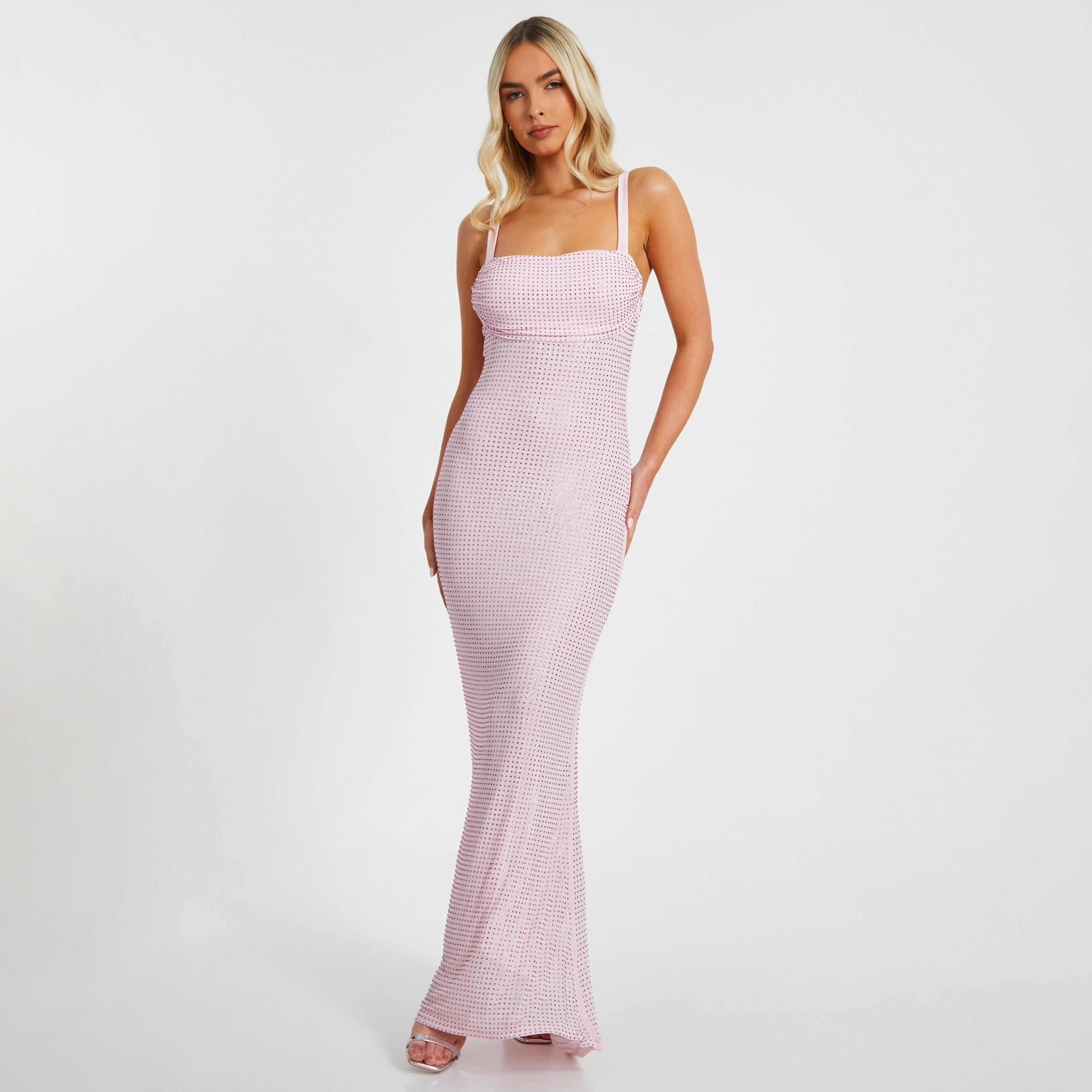 فستان سهرة ماكسي ضيق بأشرطة كتف شبكية مرصعة بأحجار الراين للنساء من كويز-women-clothing-dresses-image-7