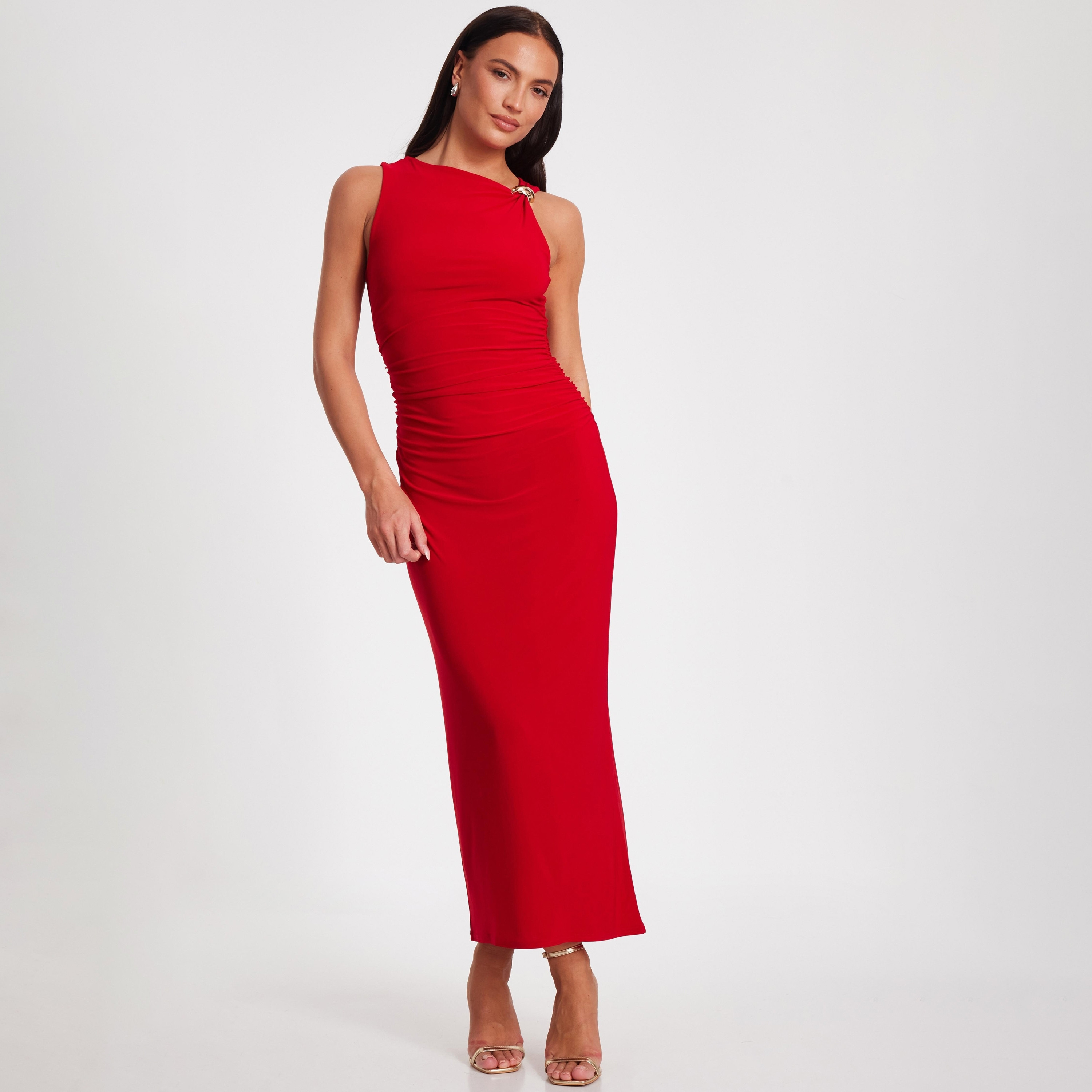 فستان أحمر ضيق متوسط الطول بفتحة رقبة غير متماثلة من كويز-women-clothing-dresses-image-1