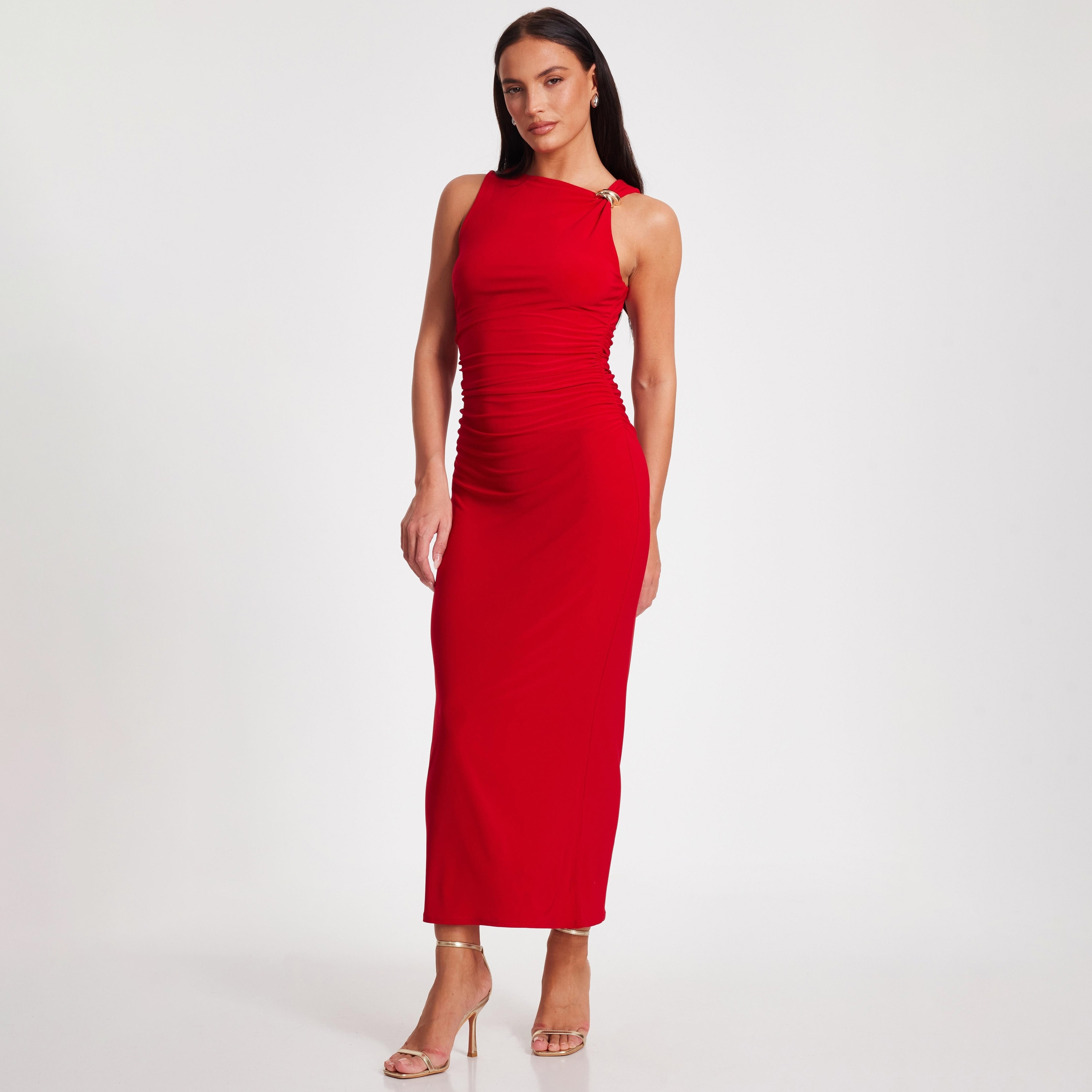 فستان أحمر ضيق متوسط الطول بفتحة رقبة غير متماثلة من كويز-women-clothing-dresses-image-2