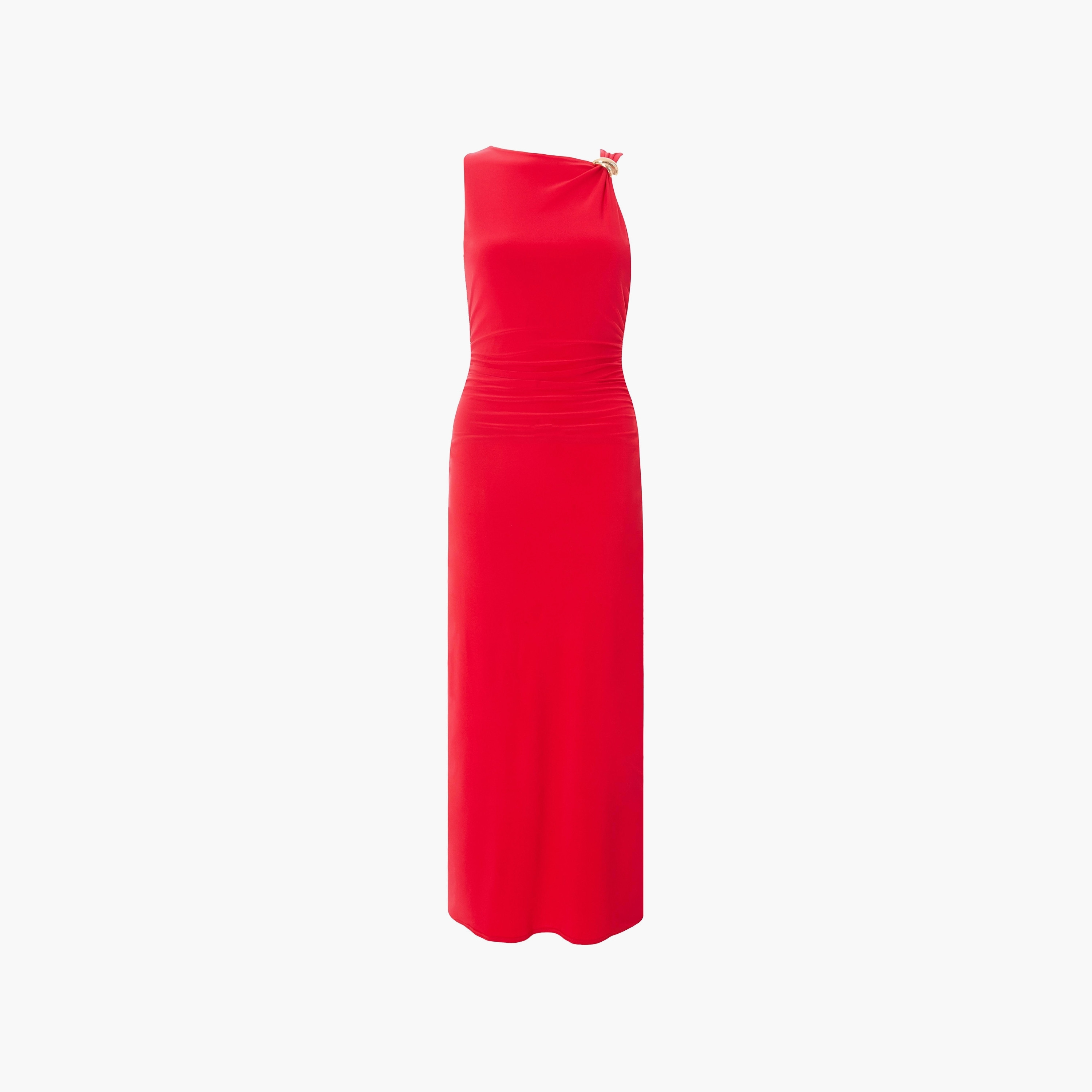 فستان أحمر ضيق متوسط الطول بفتحة رقبة غير متماثلة من كويز-women-clothing-dresses-image-5
