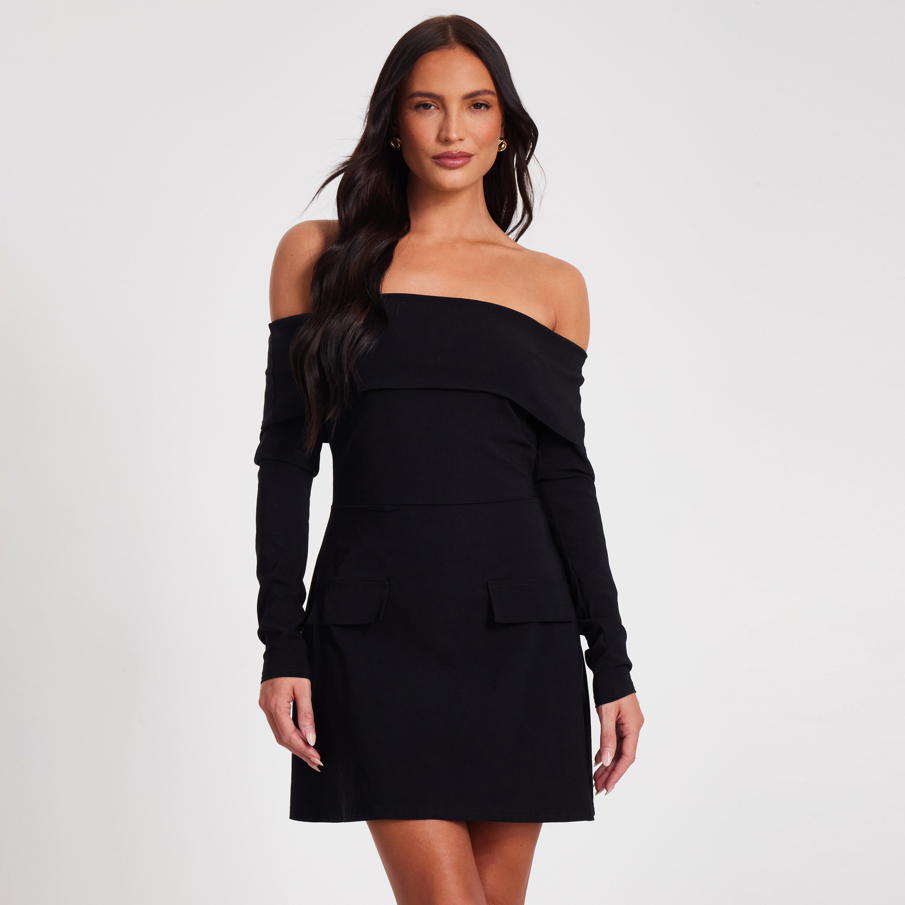 فستان قصير من Quiz باللون الأسود البنغاليني بدون أكتاف للنساء-women-clothing-dresses-image-1